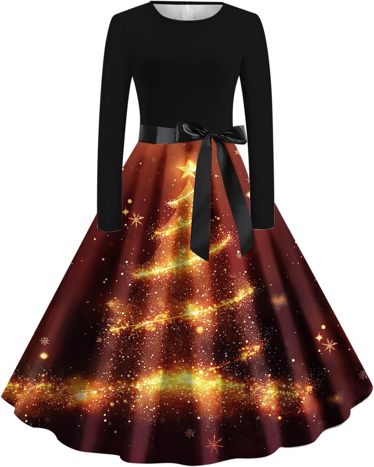 Women's Christmas Dresses Snowflake Plaid Print Long Sleeve Vintage Dresses | Classic Holiday Party Dress with Winter Check Pattern Contrast Bodice Full Swing Skirt and Decorative Waist Tie Detail