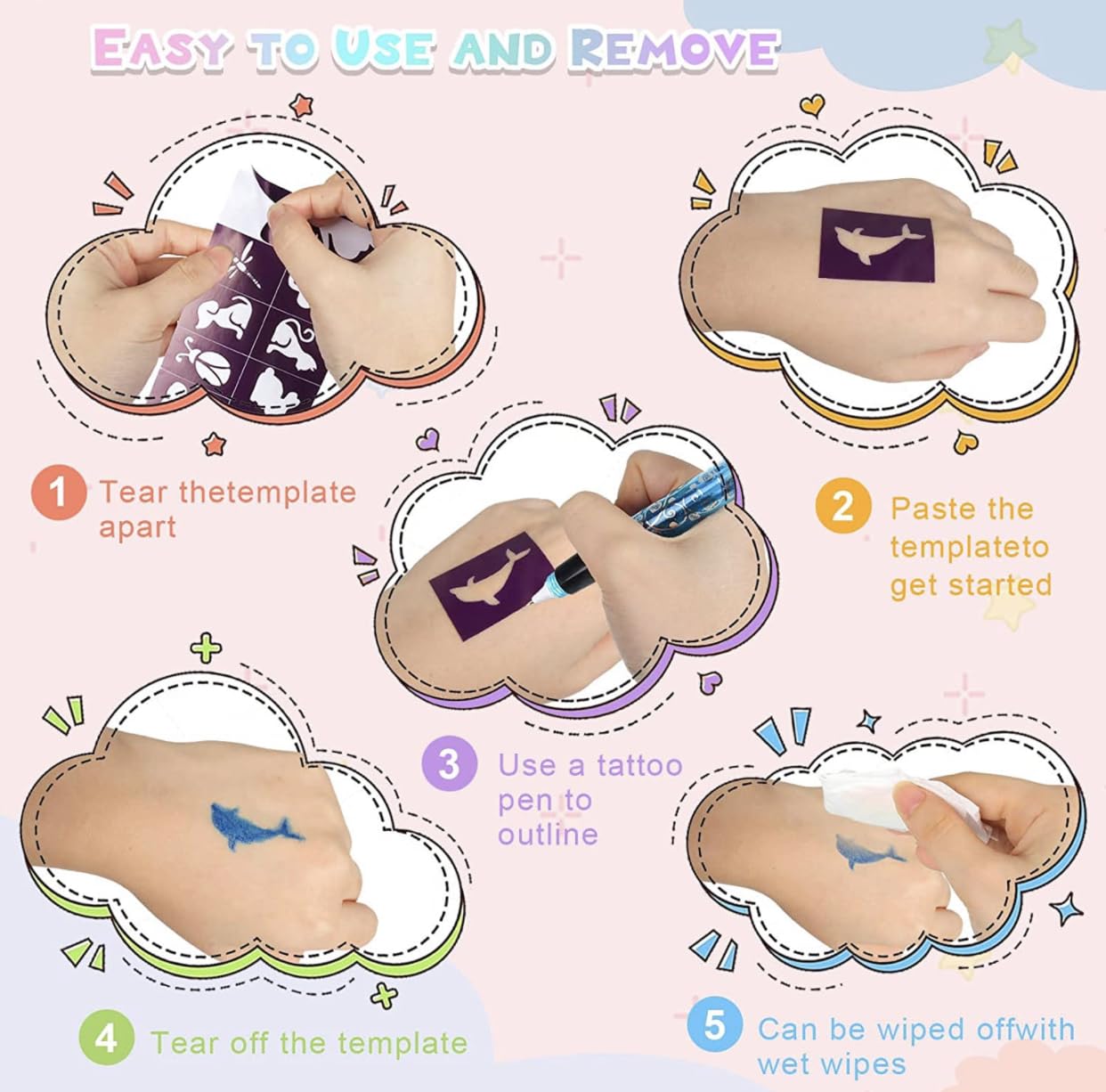 Lápices De Tatuajes Para Niños, Juego De Tatuajes Con Purpurina 6 Rotuladores De Tatuajes Con Purpurina Y 8 Recambios, 4 Plantillas, 4 Adhesivos Luminosos Para Tatuajes, 55 Pedrería, Fiestas