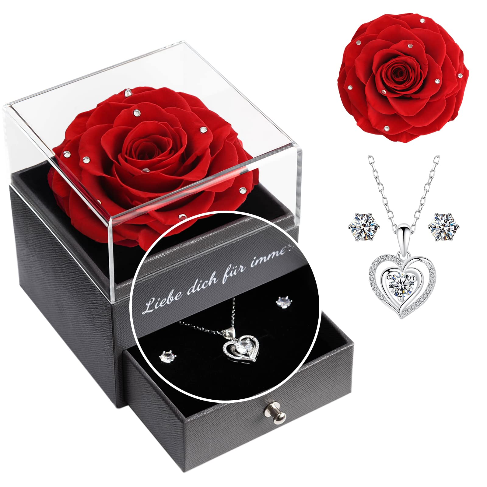 Yamonic Ewige Rose mit Kette Geschenke für Frauen,Echte Rose mit Herz Halskette Frauen Geschenk Weihnachten Geburtstag Valentinstag Hochzeitstag Muttertag, Infinity Rosen Geschenke Für Freundin Mama