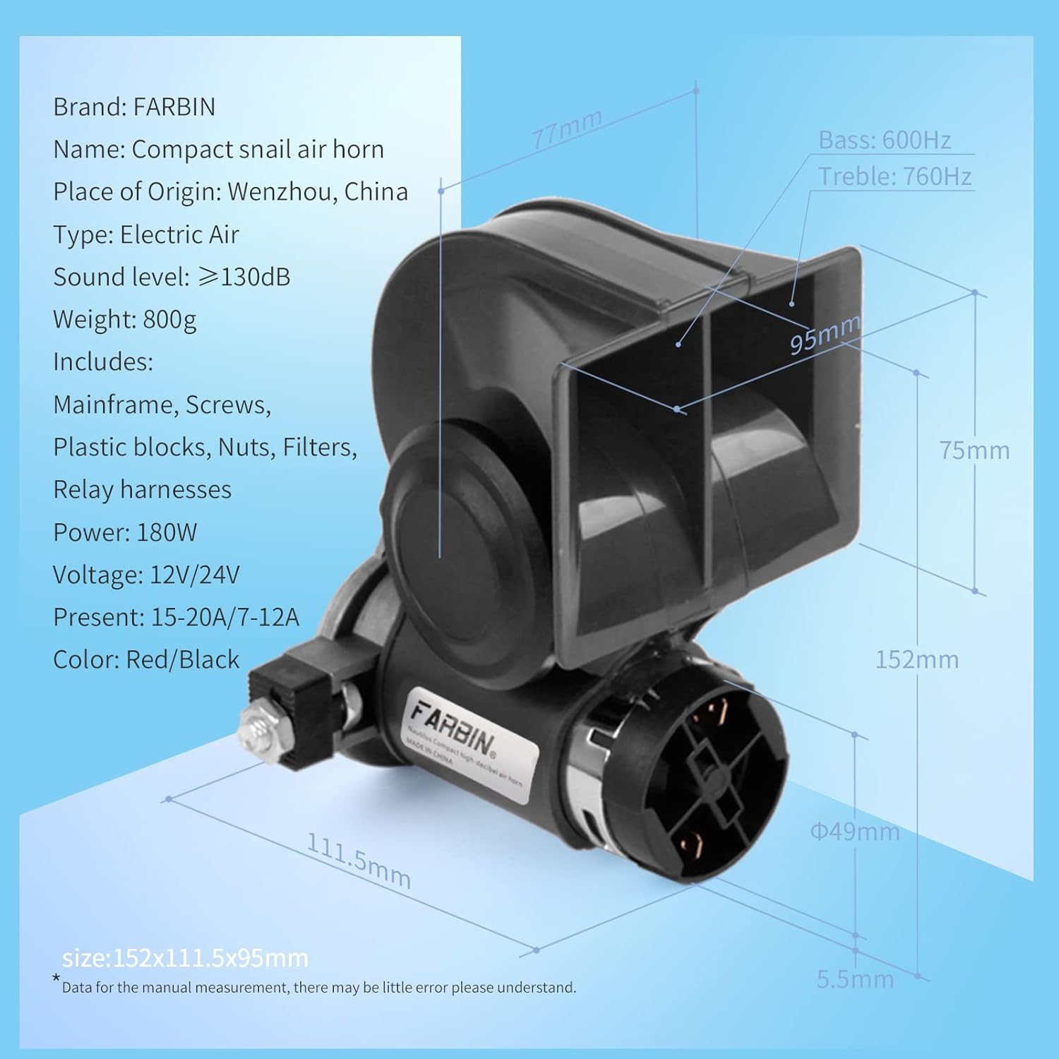 FARBIN Train Horn for Truck 12v 150db Loud Car Horn Snail Air Horn with Air Pump with Button