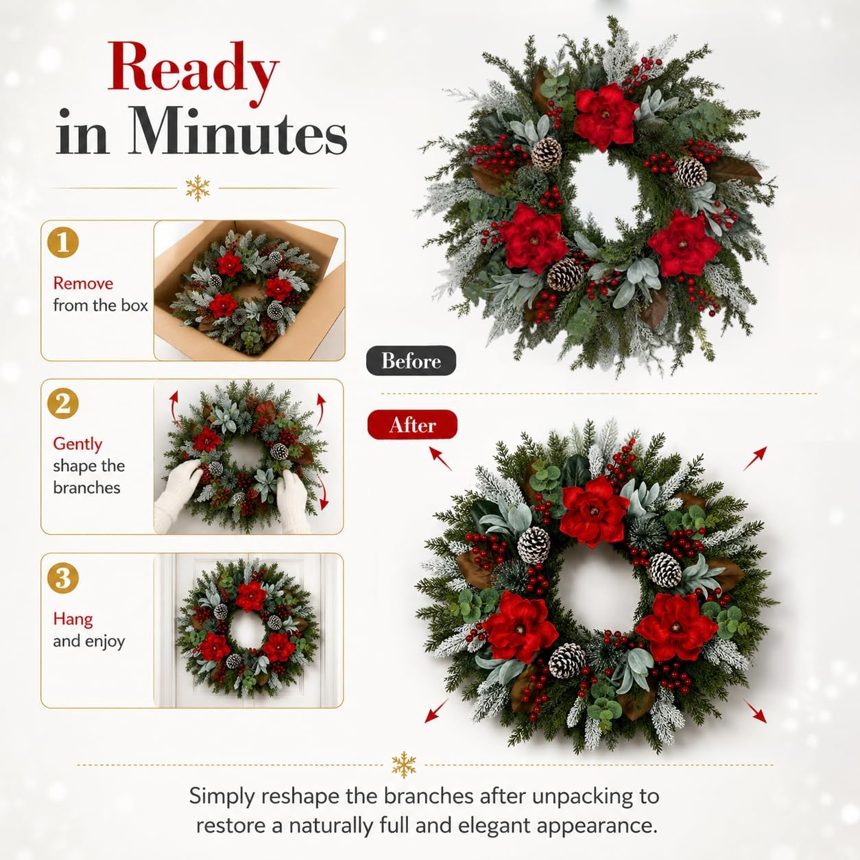28 Inch Christmas Wreath for Front Door, Frosted Red Magnolia Winter Wreath