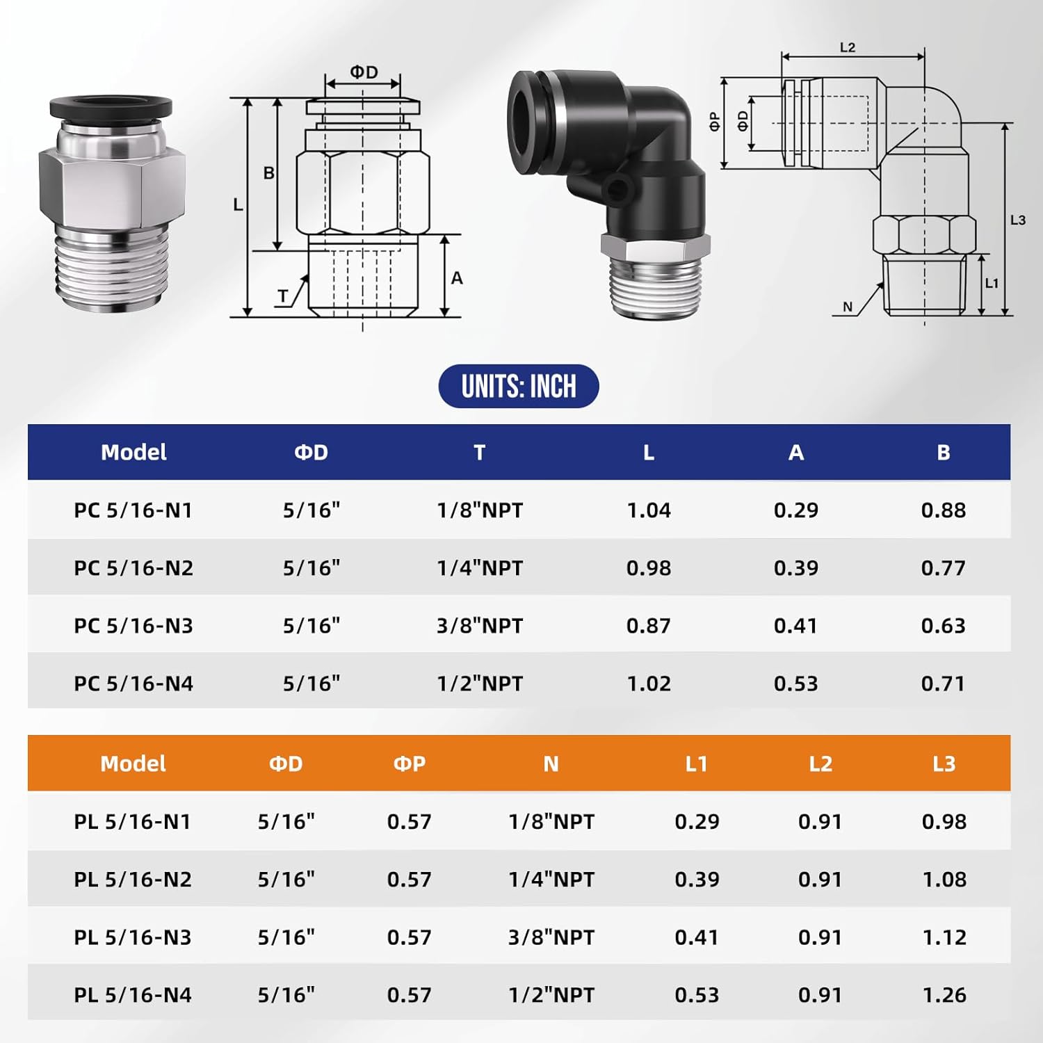5/16" 8mm Tube OD to 1/4" NPT Thread Push to Connect Fittings,Pneumatic Quick Air Hose Fittings,Male Straight + Elbow,PC+PL(12pcs)