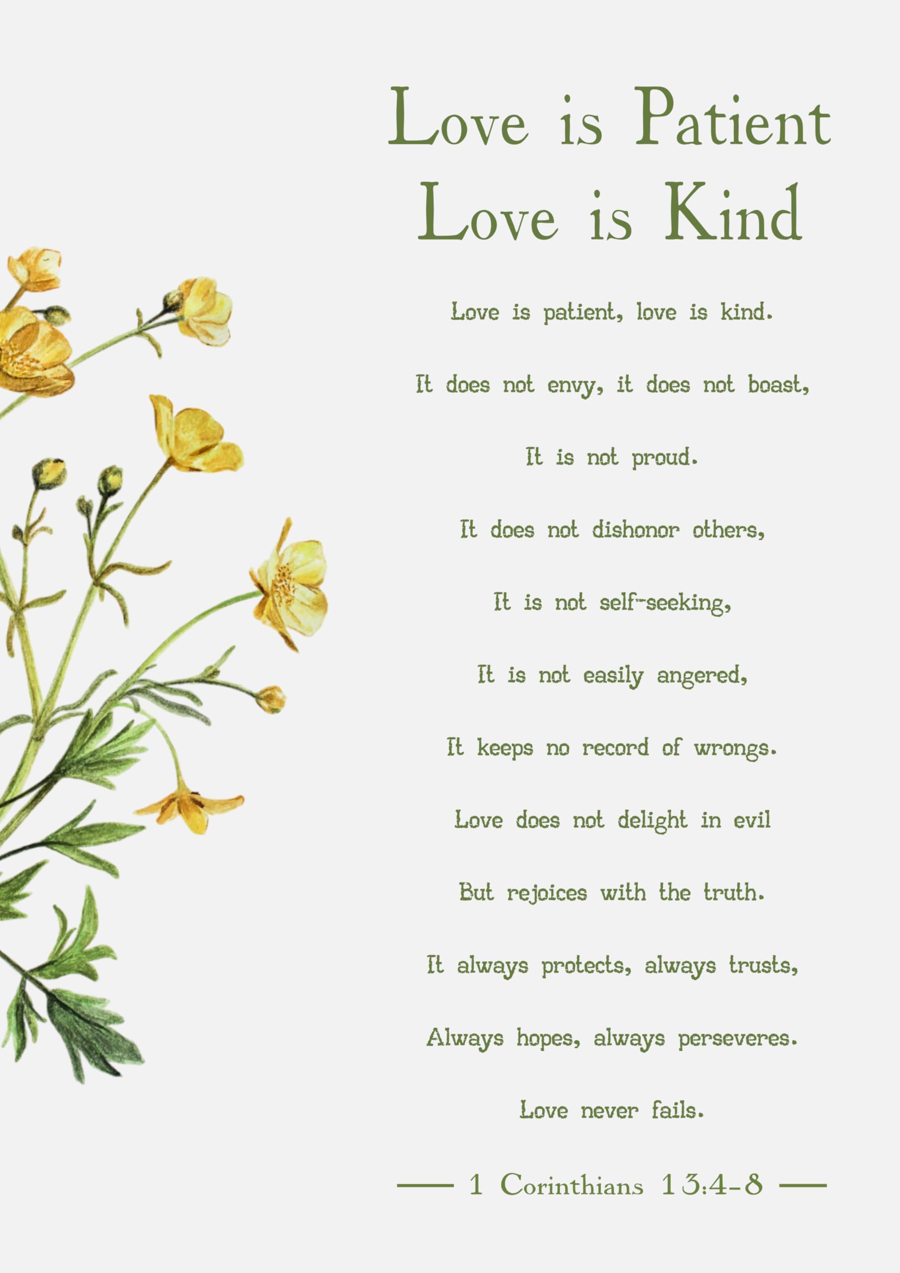 Love is Patient Love is Kind Wall Art, 1 Corinthians 13 Bible Verse Print, Yellow Floral Botanical Design. Size A4