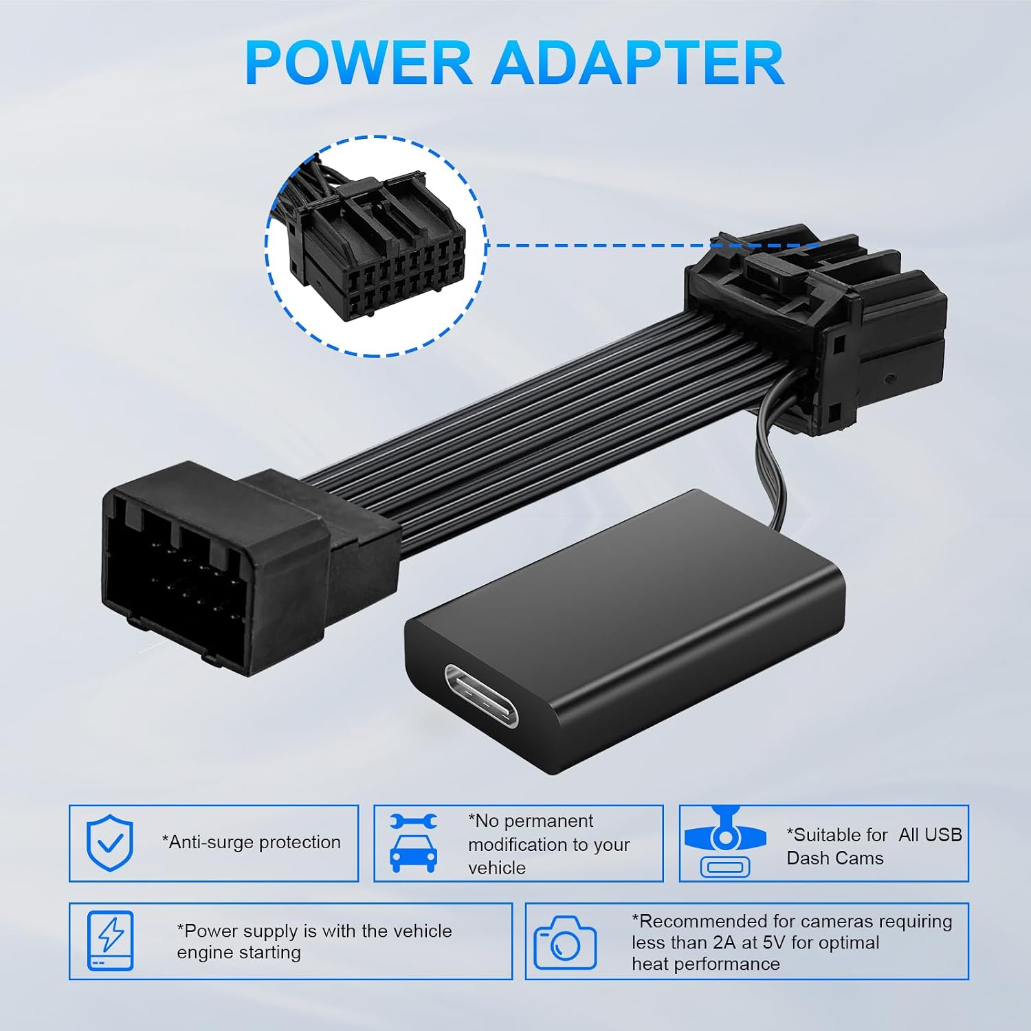 Mangoal Dashcam Power Adapter 16 Pin (Model D)Custom for Chrysler Town&Country Avenger Challenger Patriot Compass Wrangler and More,GPS Radar Mirror Camera Adapter,Connects to Rearview Mirror(Exposed)