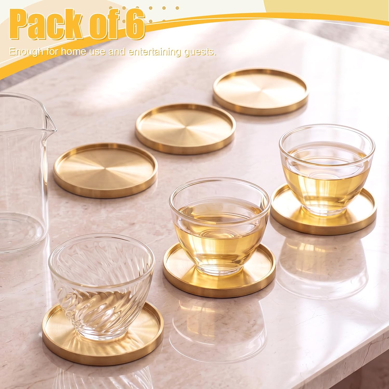 6 Pack Brass Coasters for Drinks Gold Coasters Heat Resistant Teacup Mat Cup Holder for Home and Office Desktop Bar Supplies (2.95 Inches)