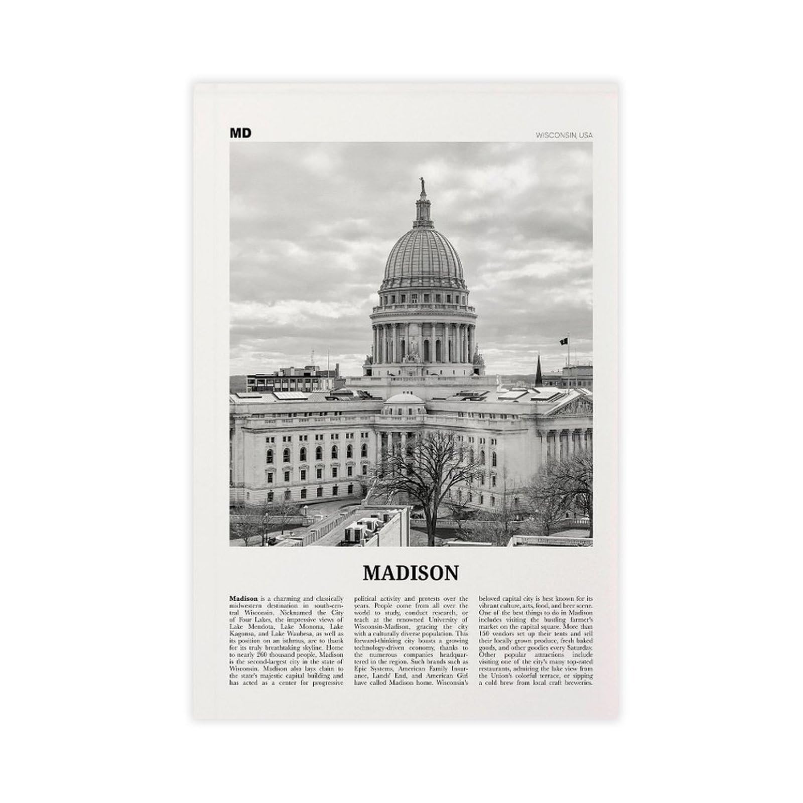 Madison Print Black And White Downtown Wall Art Poster Photo Décor Wisconsin USA United States Canvas Art Poster And Wall Art Picture Print Modern Family Bedroom Decor Posters Unframe 12×18inch(30×45c