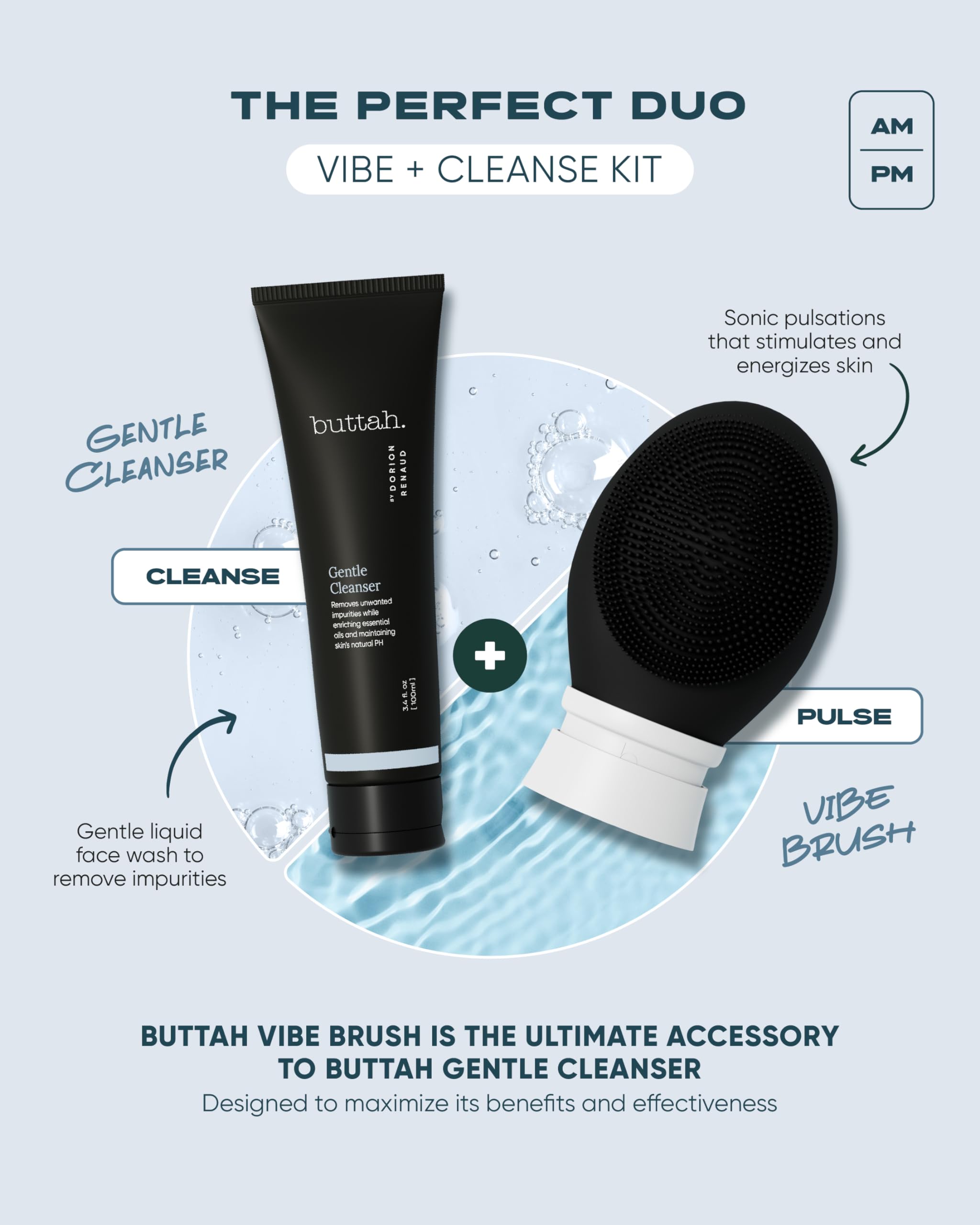 Buttah Skin by Dorion Cleanse + Vibe Brush Kit | Vibe Cleansing Face Brush | Buttah Facial Cleanser 3.4oz | 2-Speed Sonic Pulsating - Gentle Exfoliation - Water Resistant