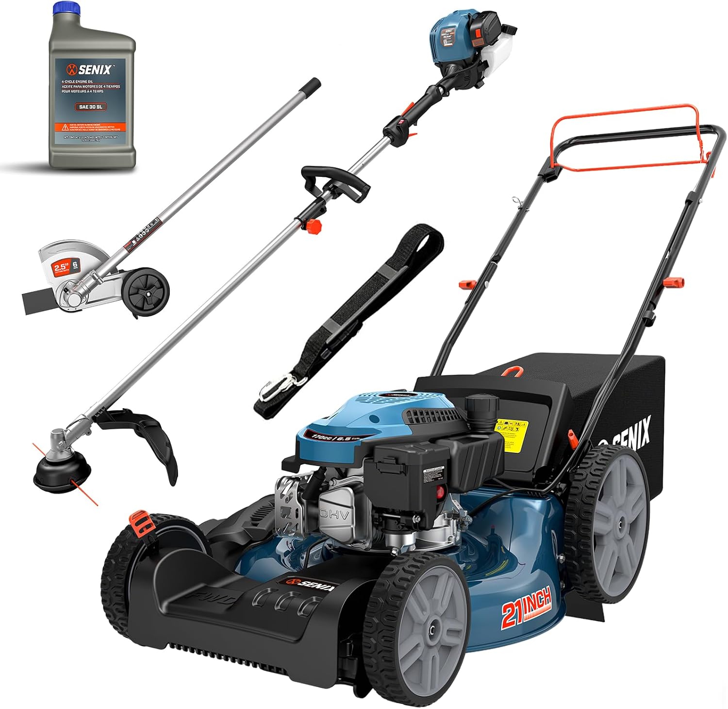 SENIX LSSG-M10 21-inch 170cc Self Propelled Gas Lawn Mower, 26.5 cc 4-Cycle String Trimmer and Edger Attachment Kit