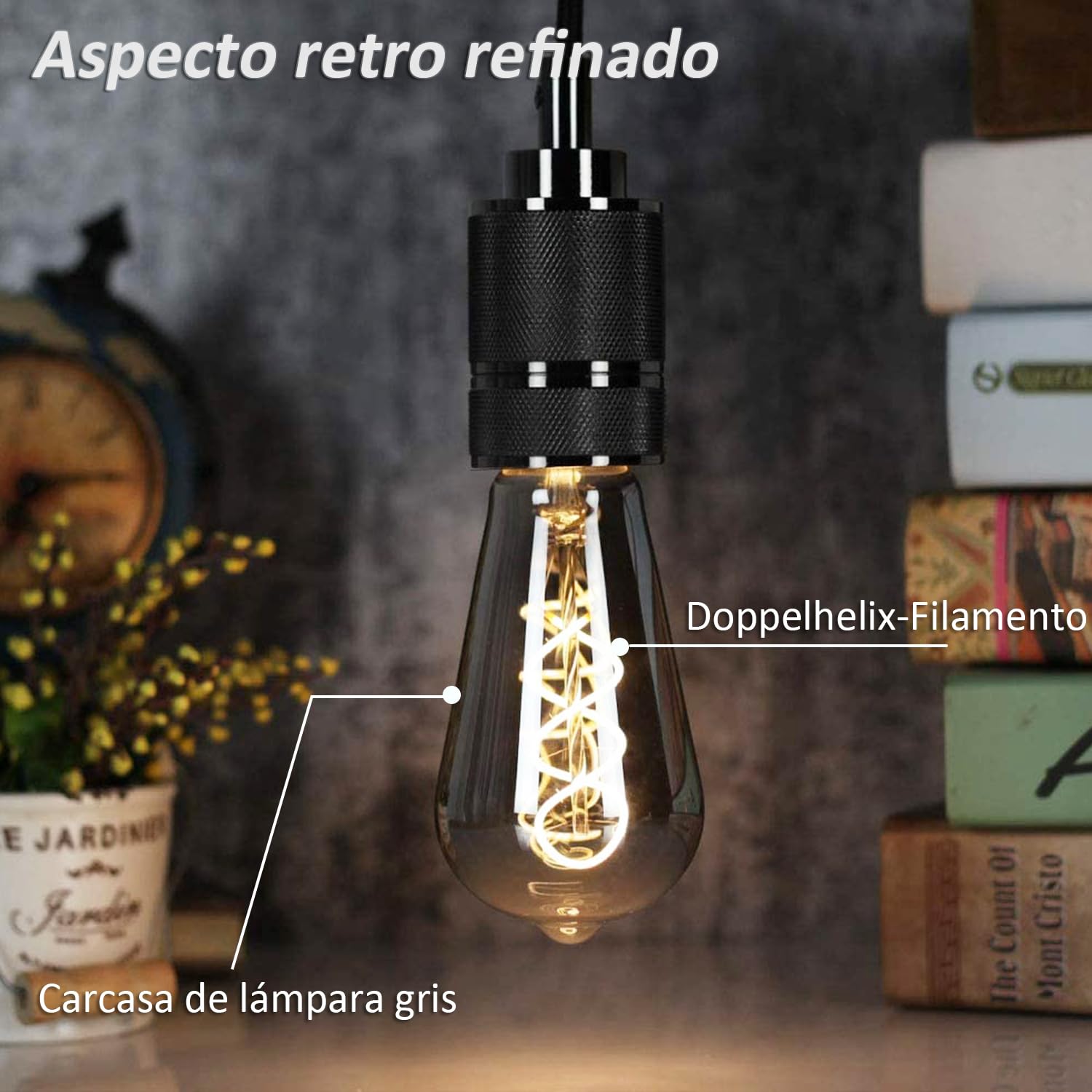 Bombilla Edison Vintage E27,ST64 6W Bombilla LED E27 Regulable Ideal Para Iluminación Nostálgica y Retro en la cafetería del hogar, Vidrio gris - 6 piezas（3PBT2）