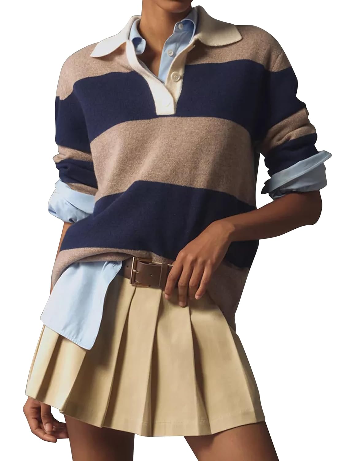 Womens Rugby Shirt Striped Polo V Neck Long Sleeve Sweater Oversized Fall Sweatshirt Cute Half Button Pullover
