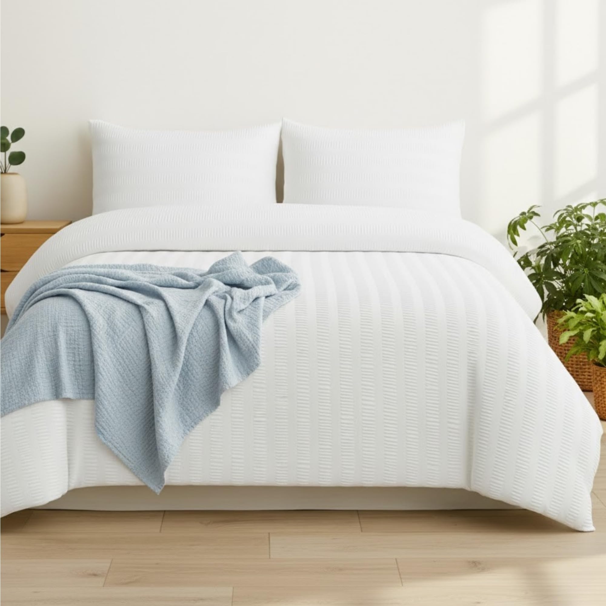 Q&H Bedding Super King Seersucker Duvet Cover Set - White Quilt Cover Brushed Microfiber with Pillowcase - Multiple Sizes Complete Bedding Set - Soft & Breathable, Easy Care & Machine Washable โ image 1