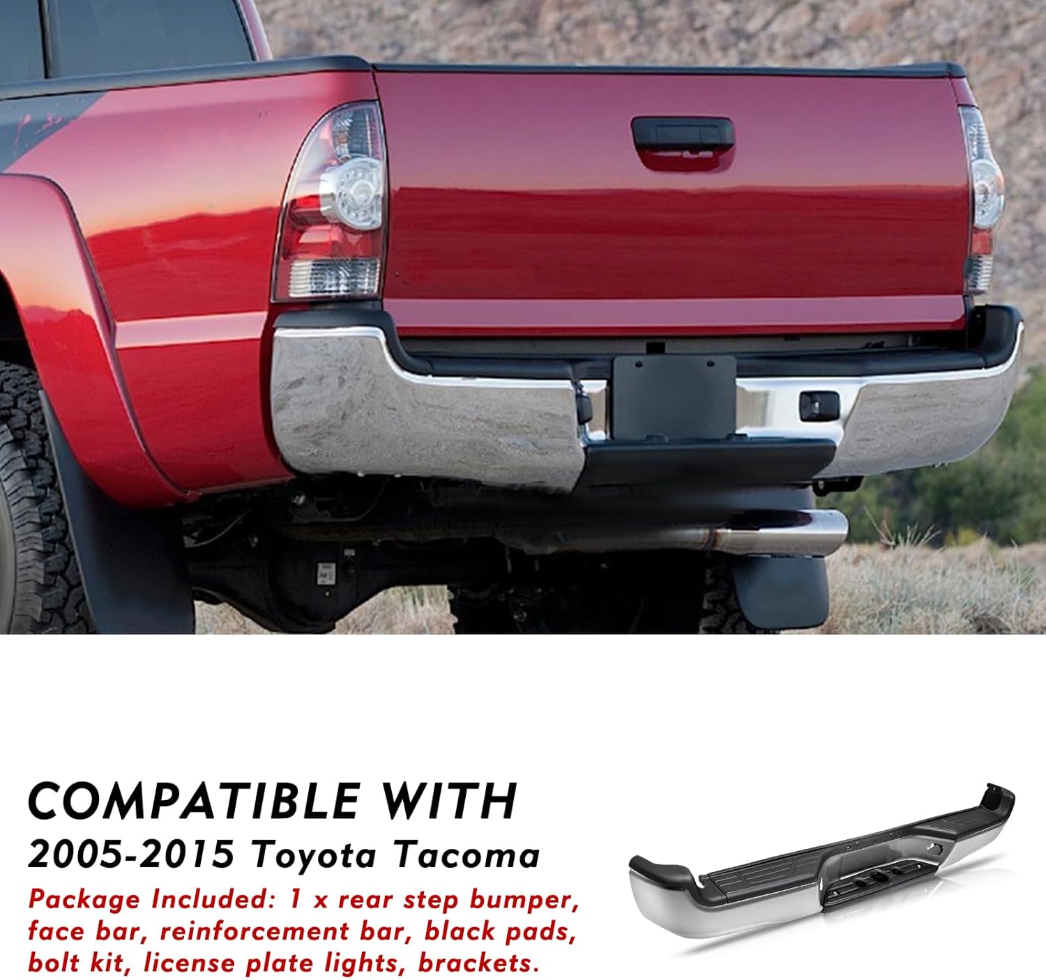 TUSDAR One Piece Rear Bumper Assembly Fits for 2005-2015 Toyota Tacoma 2nd Gen Back Step Bumper with Pads Brackets and License Plate Lights Chrome TO1103113