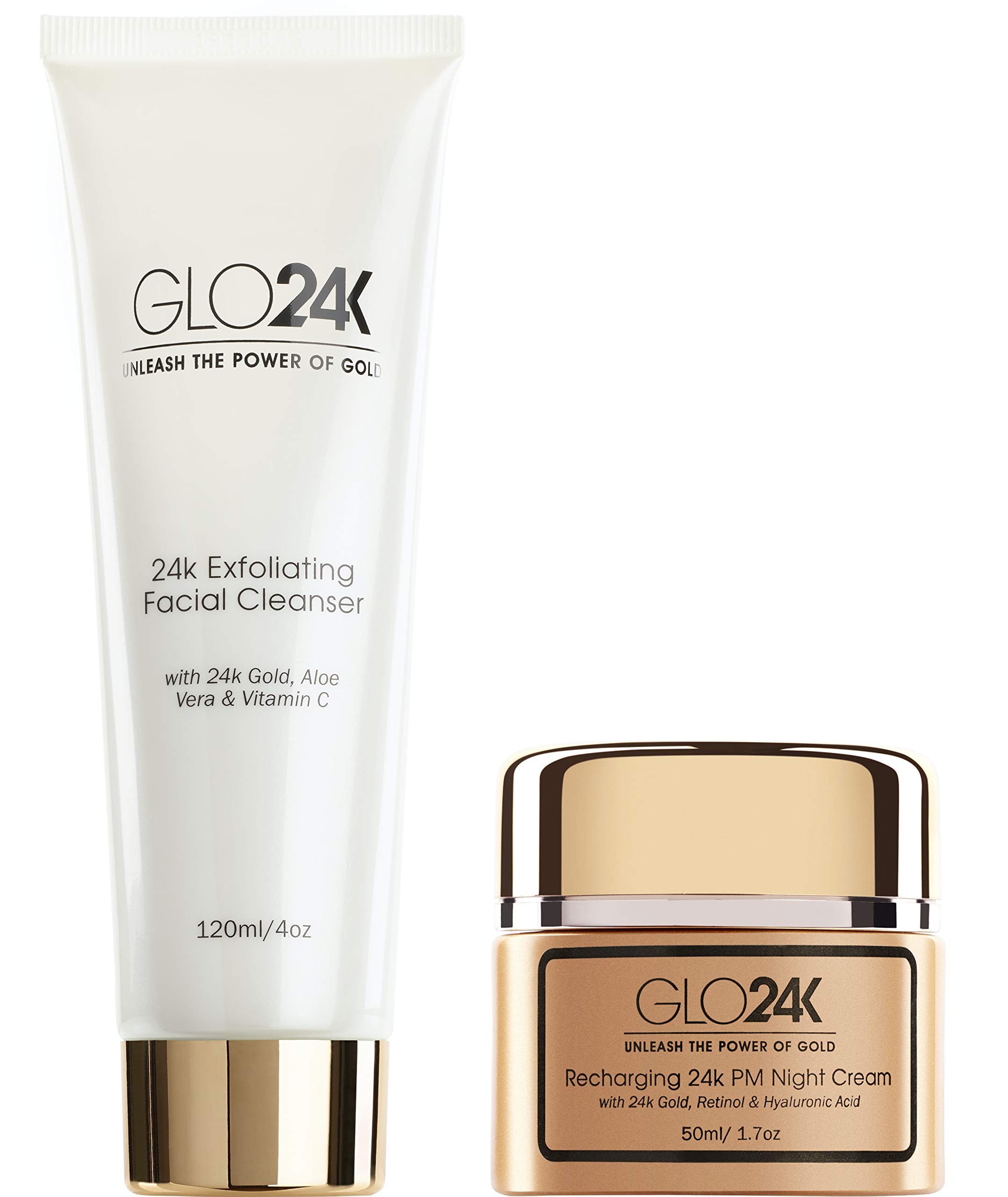 GLO24K Exfoliating Facial Cleanser & Night Cream with 24k Gold, Retinol, and Aloe Vera. Optimize your Daily Beauty Routine.