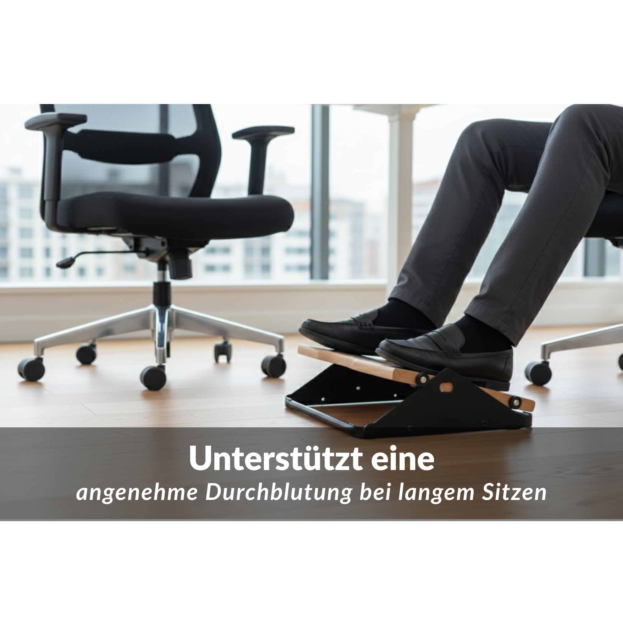Ergonomische Fußstütze für Schreibtisch, höhenverstellbar, für Büros, niedrige Bewegung, weiche Bewegung, mit Rollen, Sohle aus Holz und Stahl, minimalistisches und elegantes Design, ideal