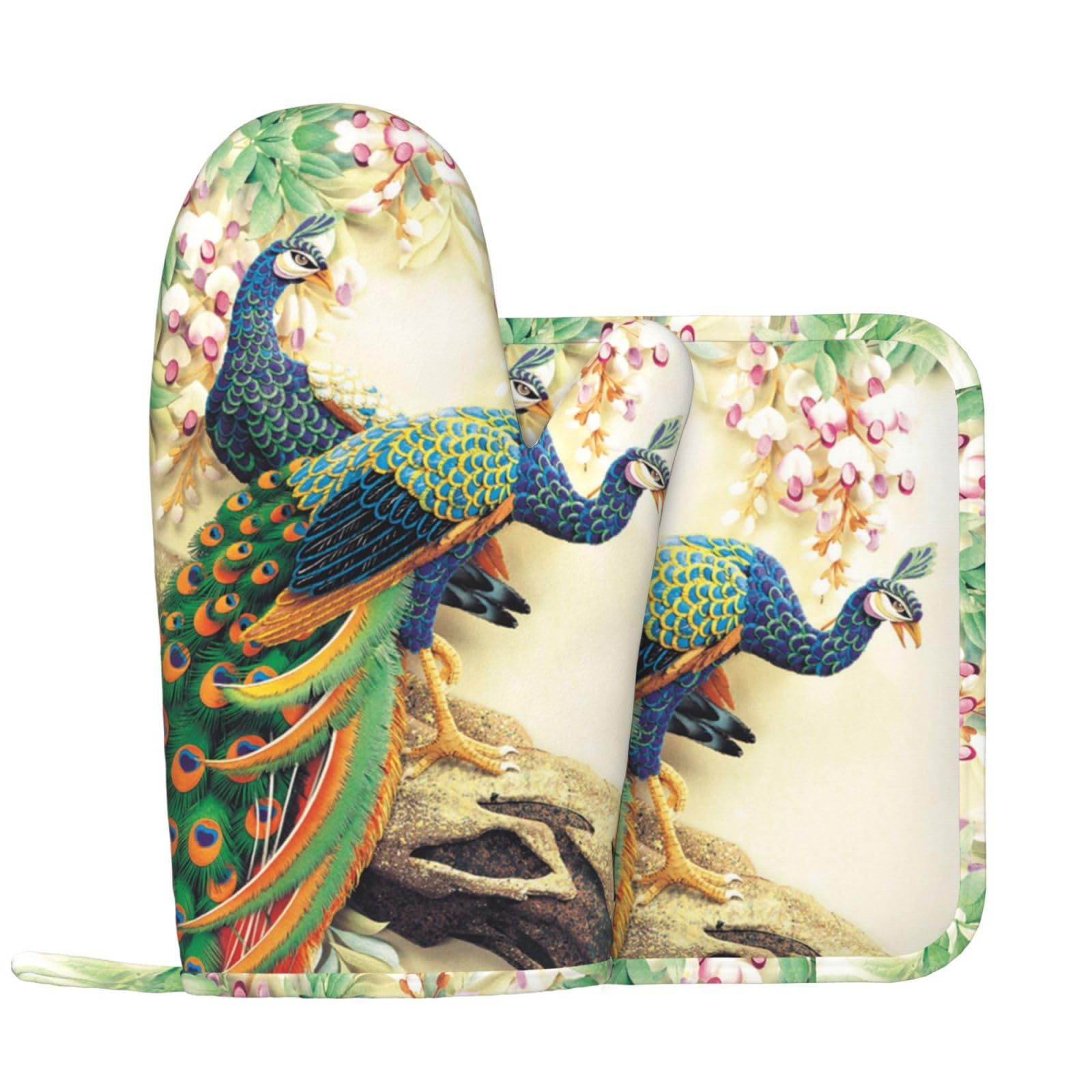 Orientalischer Pfau auf Blume Baum bedruckte Ofenhandschuhe und Topflappen Sets von 2 waschbaren hitzebeständigen Ofenhandschuhe rutschfeste Kochhandschuhe für Küche Kochen Backen BBQ Küche, Haushalt & Wohnen