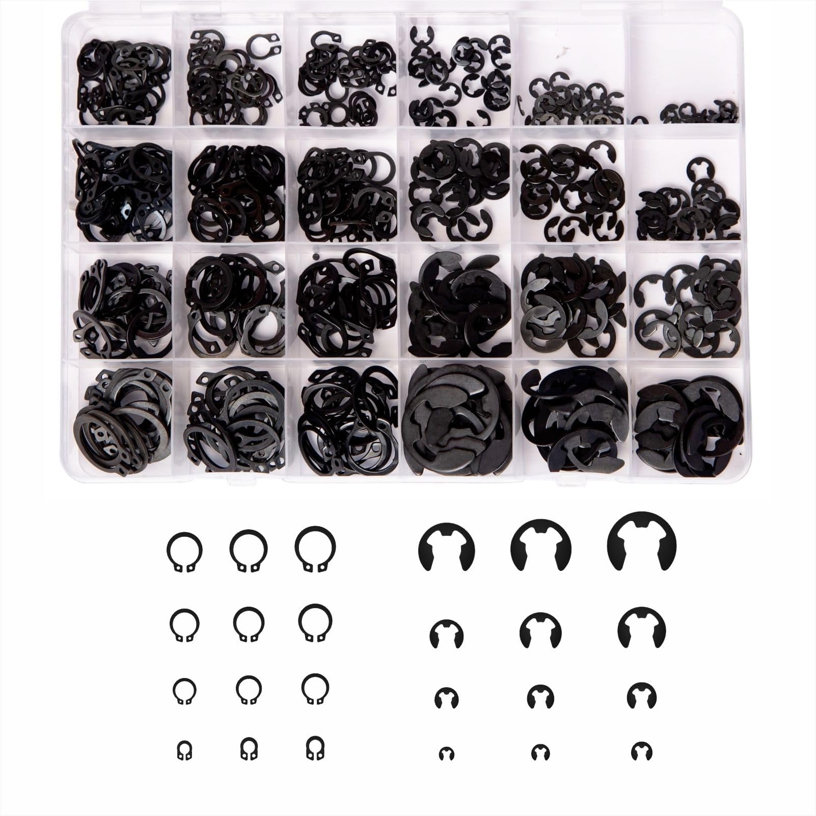 Xfopz 324Pcs E-Clips Assortment Set(2.0mm-12mm) and External Retaining Rings, Snap Rings Assortment Kit,C Clips Assortment (M5-M16),Carbon Steel Circlip 24 Sizes-picture-17