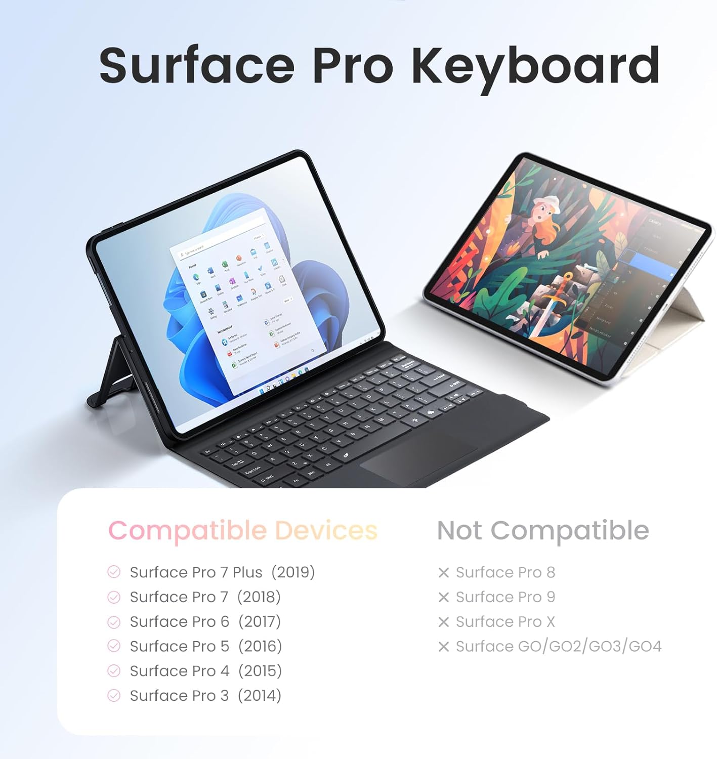 Surface Pro 7 Keyboard, 7 Color Backlight Wireless Keyboard for Microsoft SurfacePro 7+/6/5/4/3 Type Cover, Ultra-Slim Design with Strong Magnetic Attachment