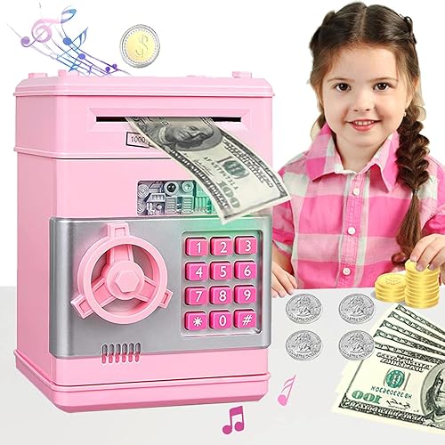 Alcancía para niños, juguetes para niños de 3 años, linda mini cajero automático con contraseñamúsica, caja de ahorro de dinero de papel de