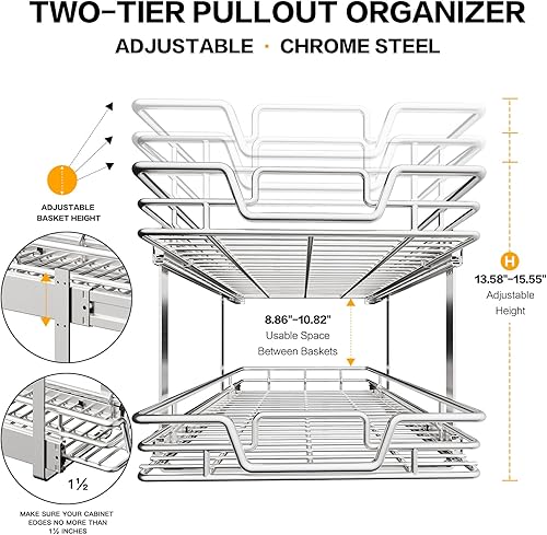 Miniatura 5 de Organizador de armario de cocina de 2 niveles, organizador de estantes y cajones, cesta de despensa deslizante en varios tamaños (17 pulgadas de