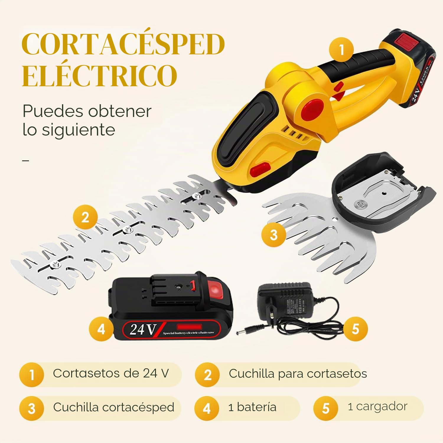 Tijeras de Podar con Batería, 24V 2 en 1 Tijeras de Césped Inalámbricas y Cortasetos con Batería Recargable de Iones de Litio y Cargador, Recortadora de Setos Electricas de Mano para Jardín y Césped