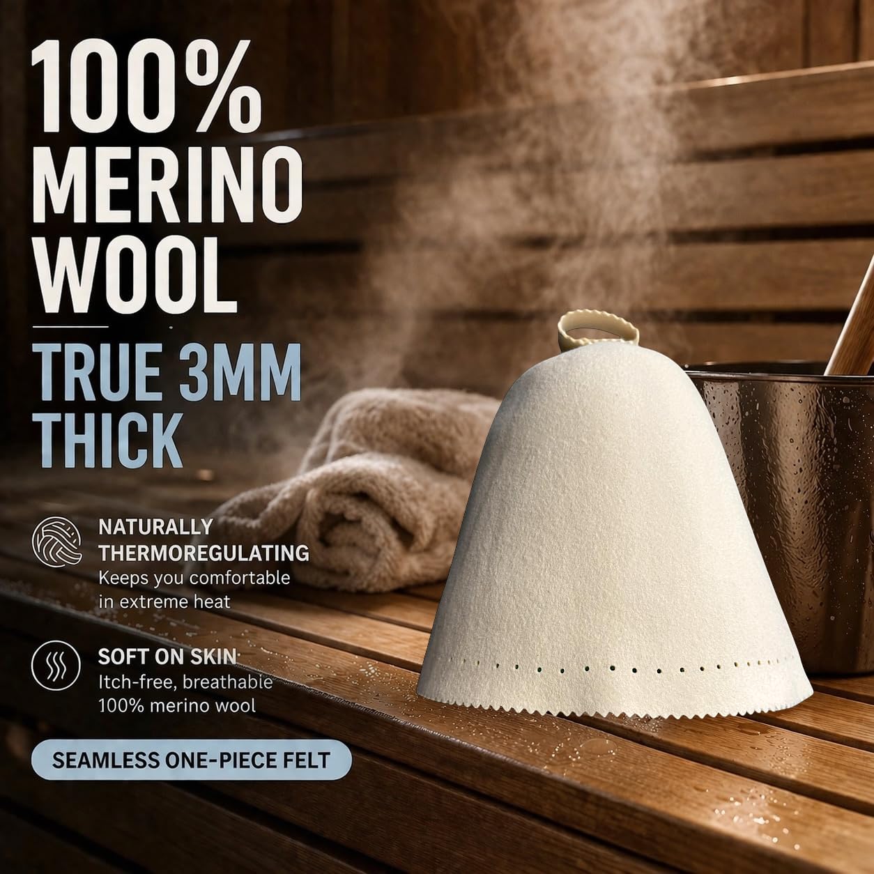 100% Merino Wool Sauna Hat (3mm Thick) – Felt Banya/Finnish Sauna Cap – Helps Keep Head & Hair Comfortable in Heat – Gift-Ready Box – Unisex (1, White) - 3