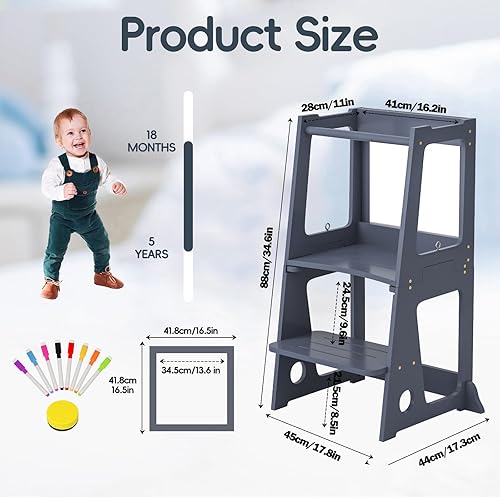 Miniatura 4 de Taburete 4 en 1 para niños pequeños, torre plegable de aprendizaje con pizarra blanca, mesa y silla convertible 2 en 1, riel de seguridad extraíble,