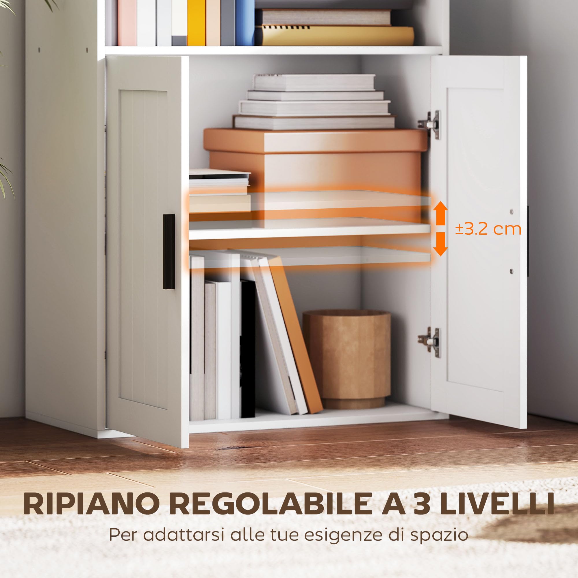 HOMCOM Mobile Libreria a 5 Livelli, con 2 Ante, 60x30x145.5 cm, Bianco