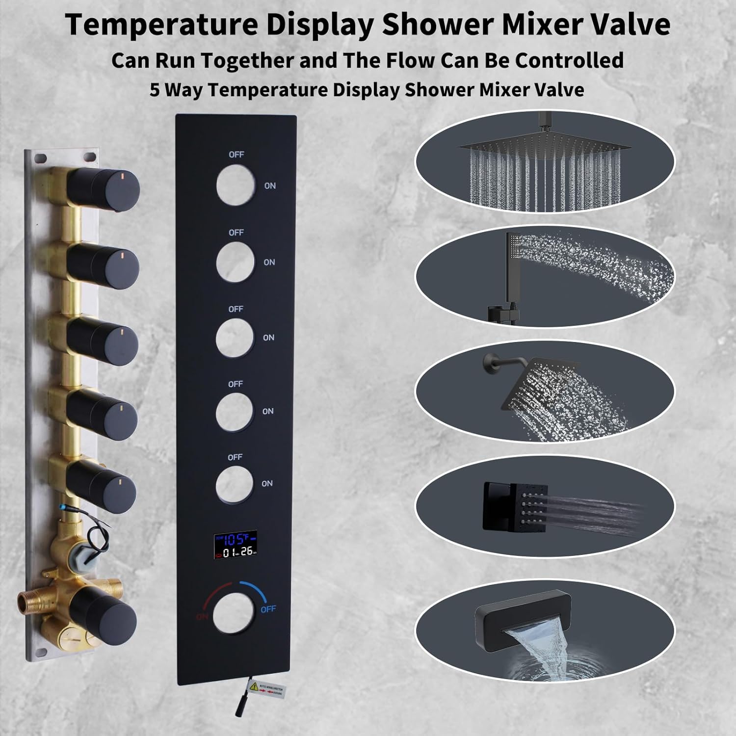 Solid Brass 5 Way Shower Diverter Valve with Temperature Display Shower Mixer Valve Bathroom Shower Diverter Replacement,Matte Black