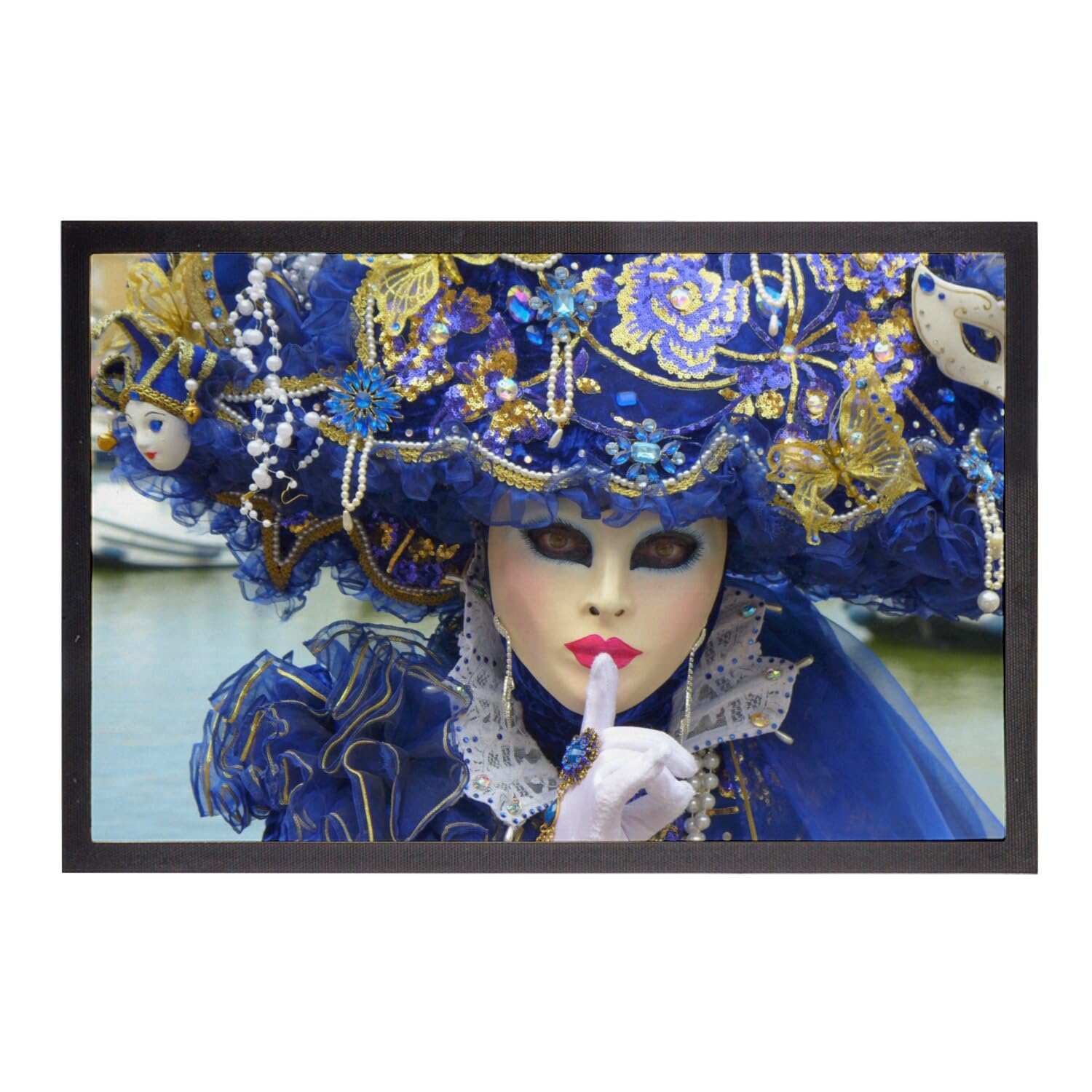 Paillasson Venise absorbant 60x40cm imprimé masque blanc et costume bleu haute définition