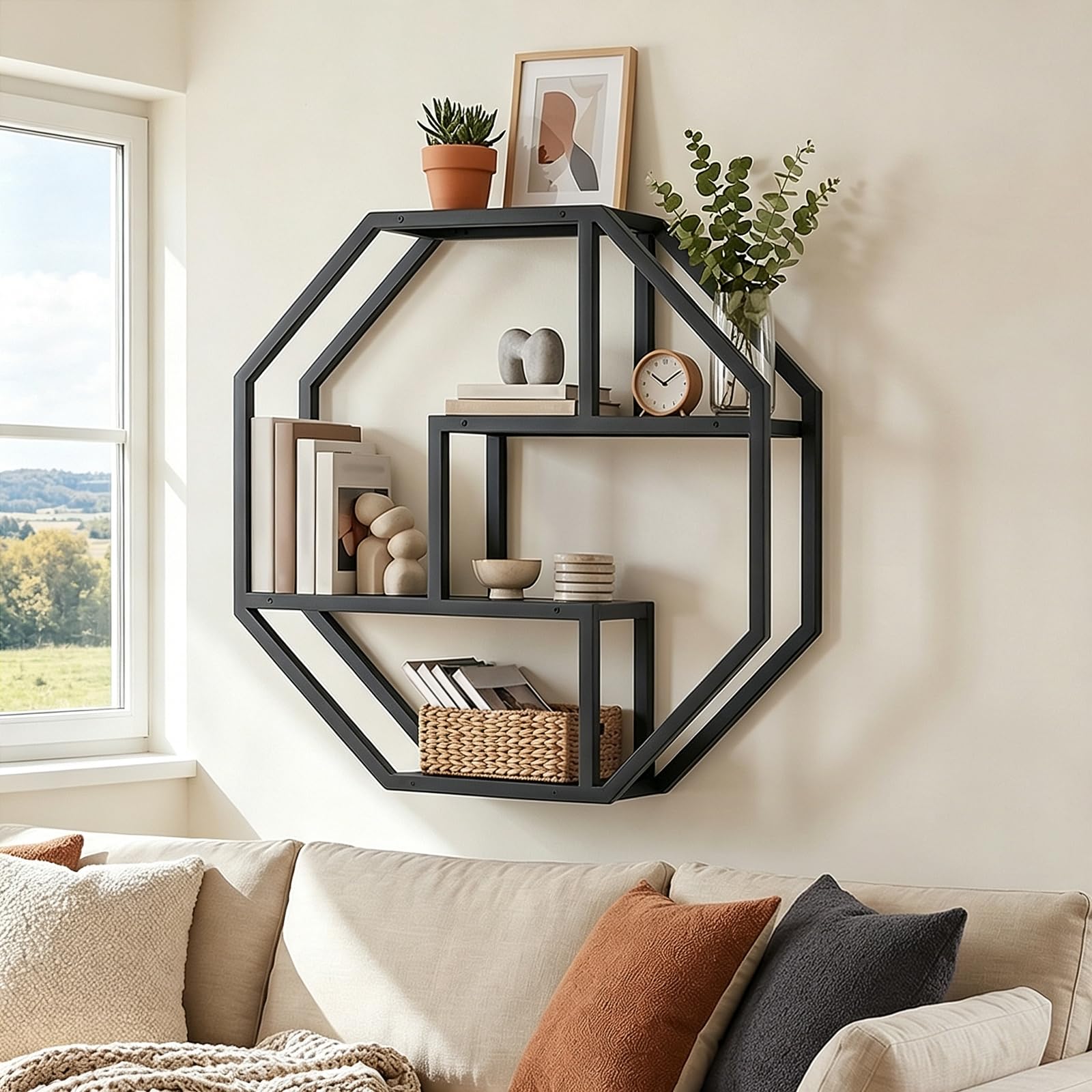HOOBRO 4-stufiges Wandregal, dekoratives Schweberegal mit stabilem Metallrahmen, Regalbrett, wandmontiertes schwebendes Regal für Wohnzimmer, Schlafzimmer, Küche, Arbeitszimmer, Schwarz EBK67BJ01