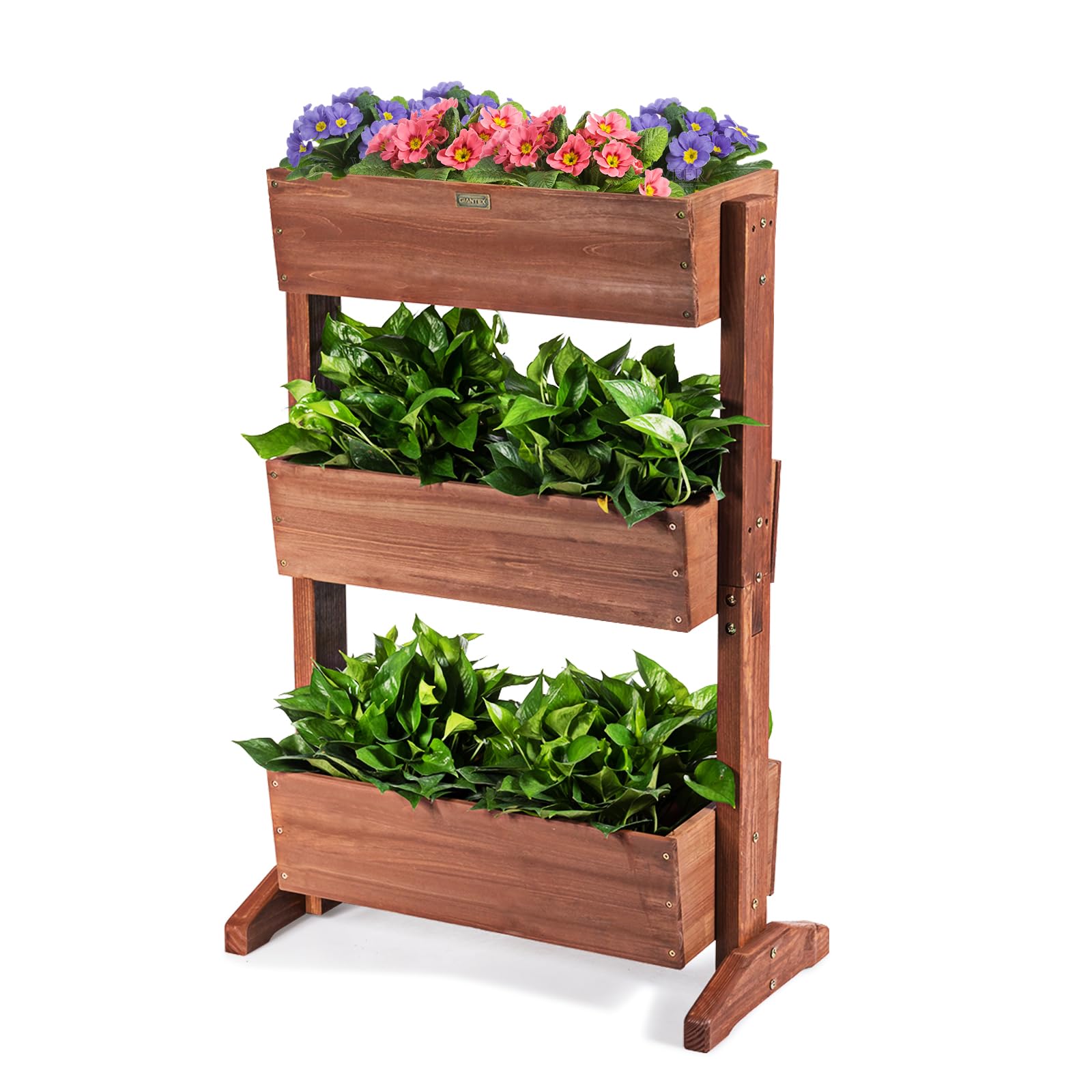 HOMASIS Jardinera de Madera de 3 Niveles, Maceta Ajustable, Escalera para Flores con Orificio de Drenaje, Material de Abeto, estantería Multiuso para jardín, balcón Decorativas, 71x38x105cm, marrón