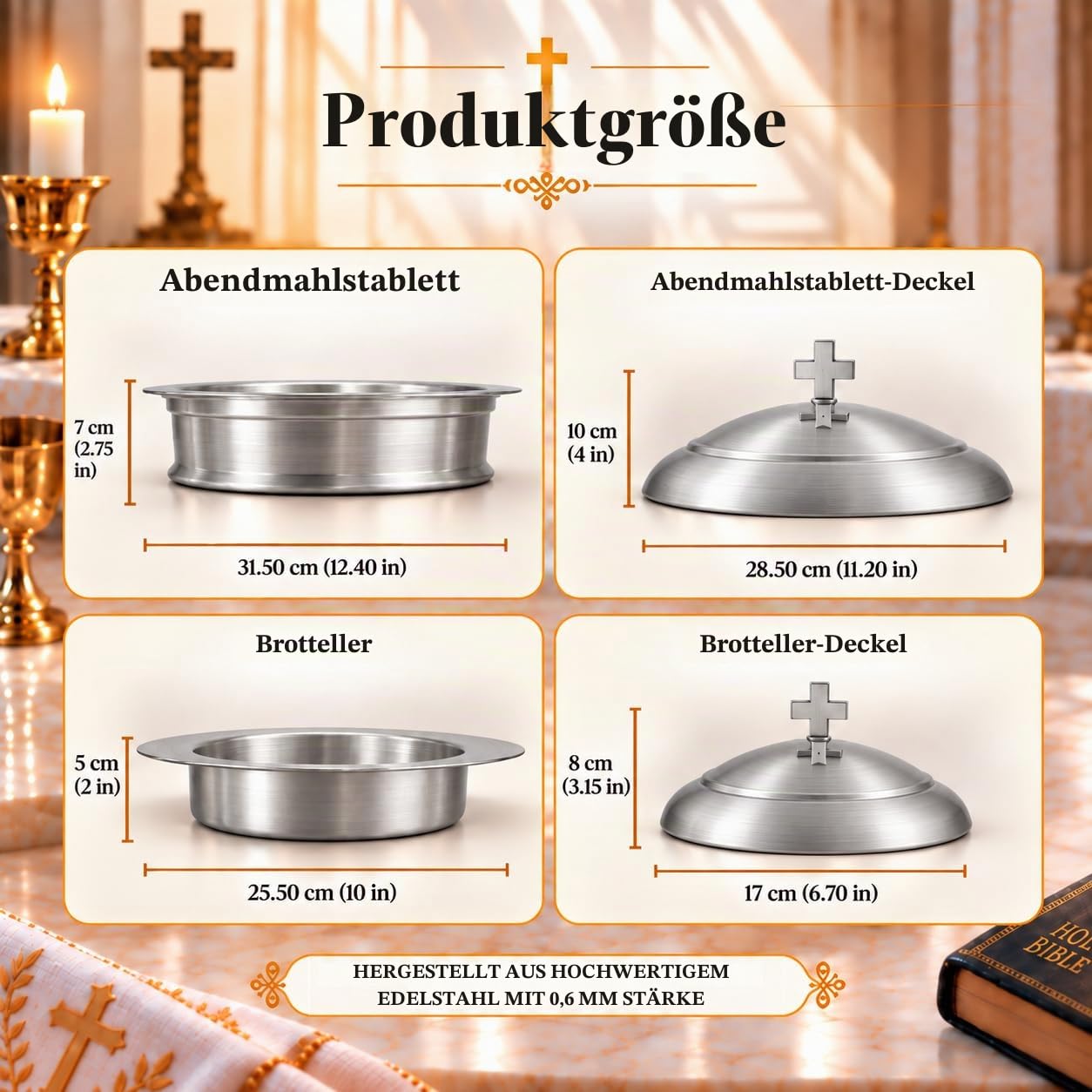 Kommuniongeschirr-Kirchenset | Stapelbar, 2 Kommuniontabletts mit Deckel und 2 Brotteller mit Deckel, 80 Becher enthalten | Ideal für Kirchen | Edelstahl – Satiniertes (mattes) Finish