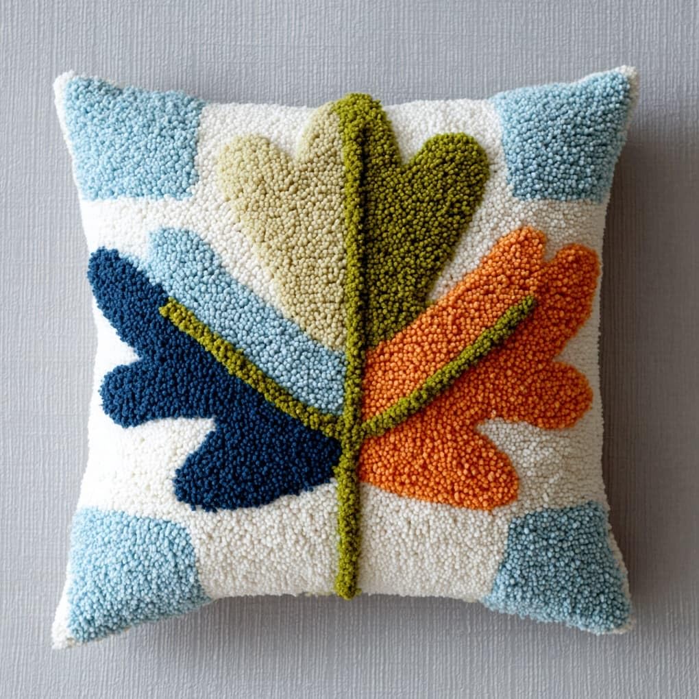 Henypt Latch Hook Pillow Making Kit 43x43cm,Lovely Leaves Printed Canvas Needlework Set,Relaxing Handmade Craft for Home Bedroom Decoration