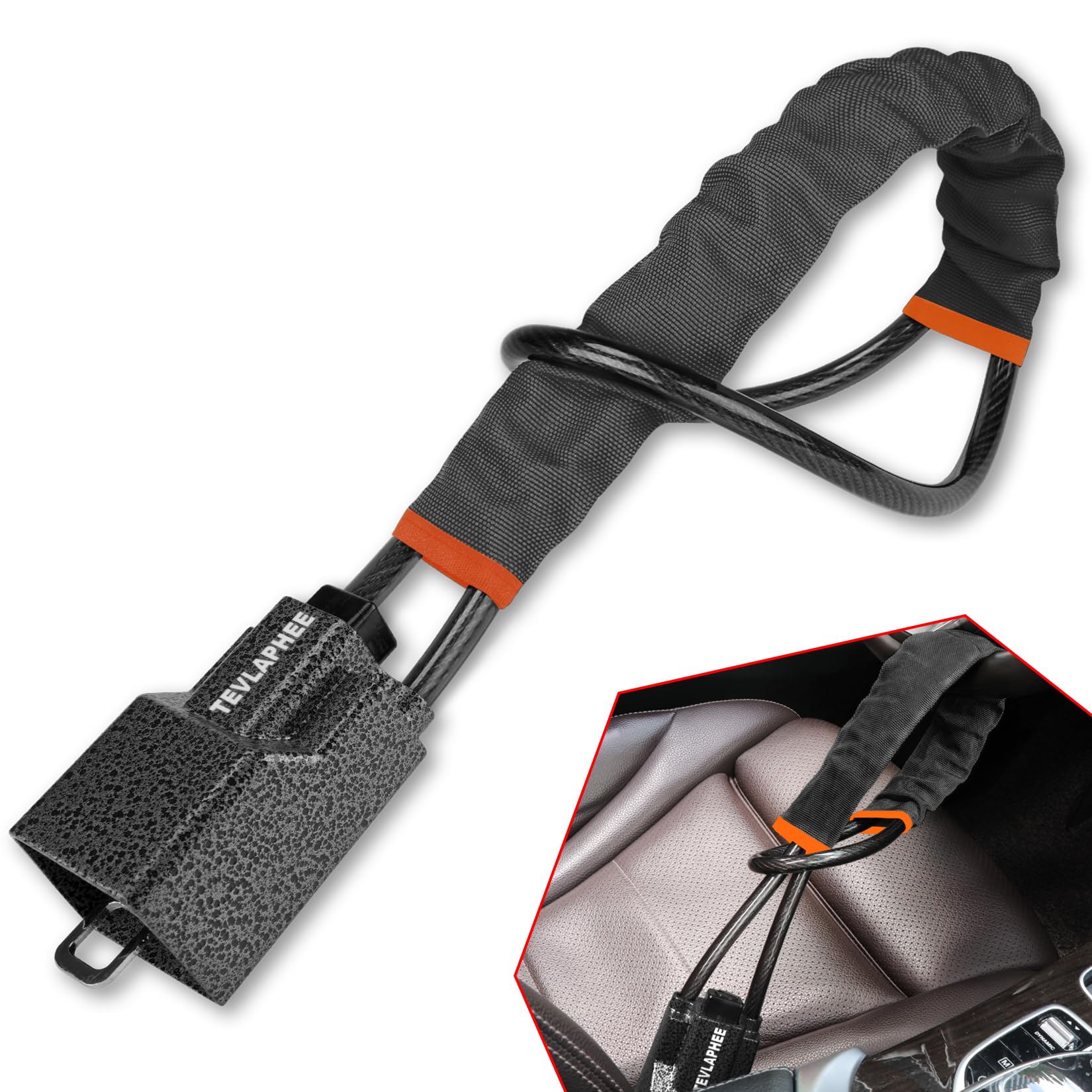 Tevlaphee Upgraded Steering Wheel Lock, Seat Belt Lock, Metal Head, High Visibility Car Lock Anti-Theft Device, Heavy Duty, Universal Fit for Car, SUV, Pickup, Jeep, Van, RV, 3Keys(Black)