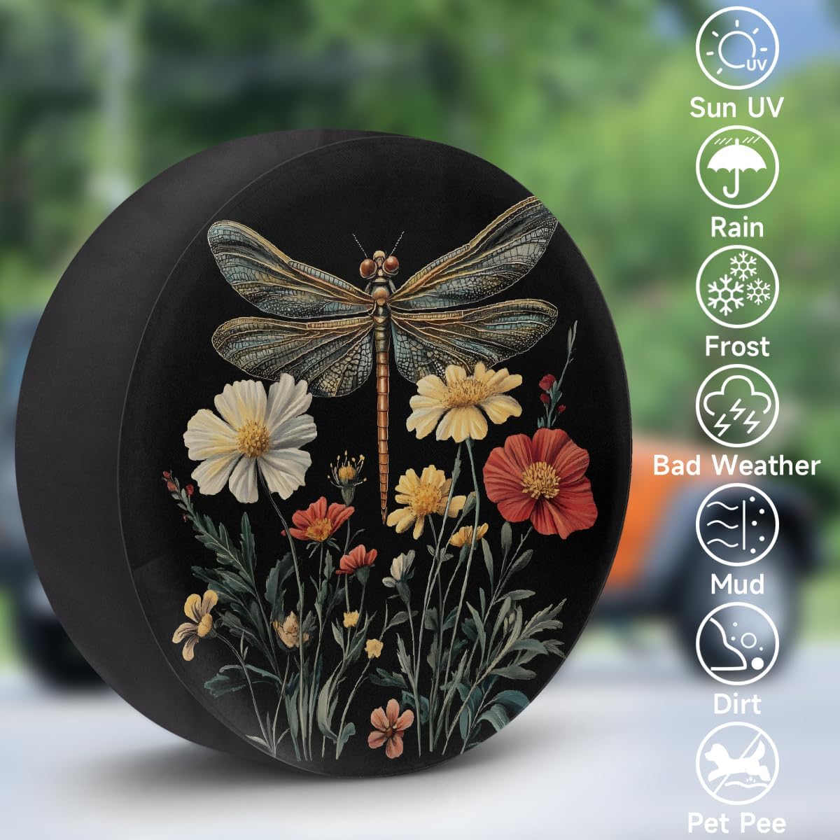 Spare Tire Cover for RV Trailer, Boho Dragonfly Flower Waterproof Sun Leather Wheel Cover, Camper Spare Tire Covers Fit for Jeep Travel Trailer SUV (17 in for Diameter 31” - 33”),A-122