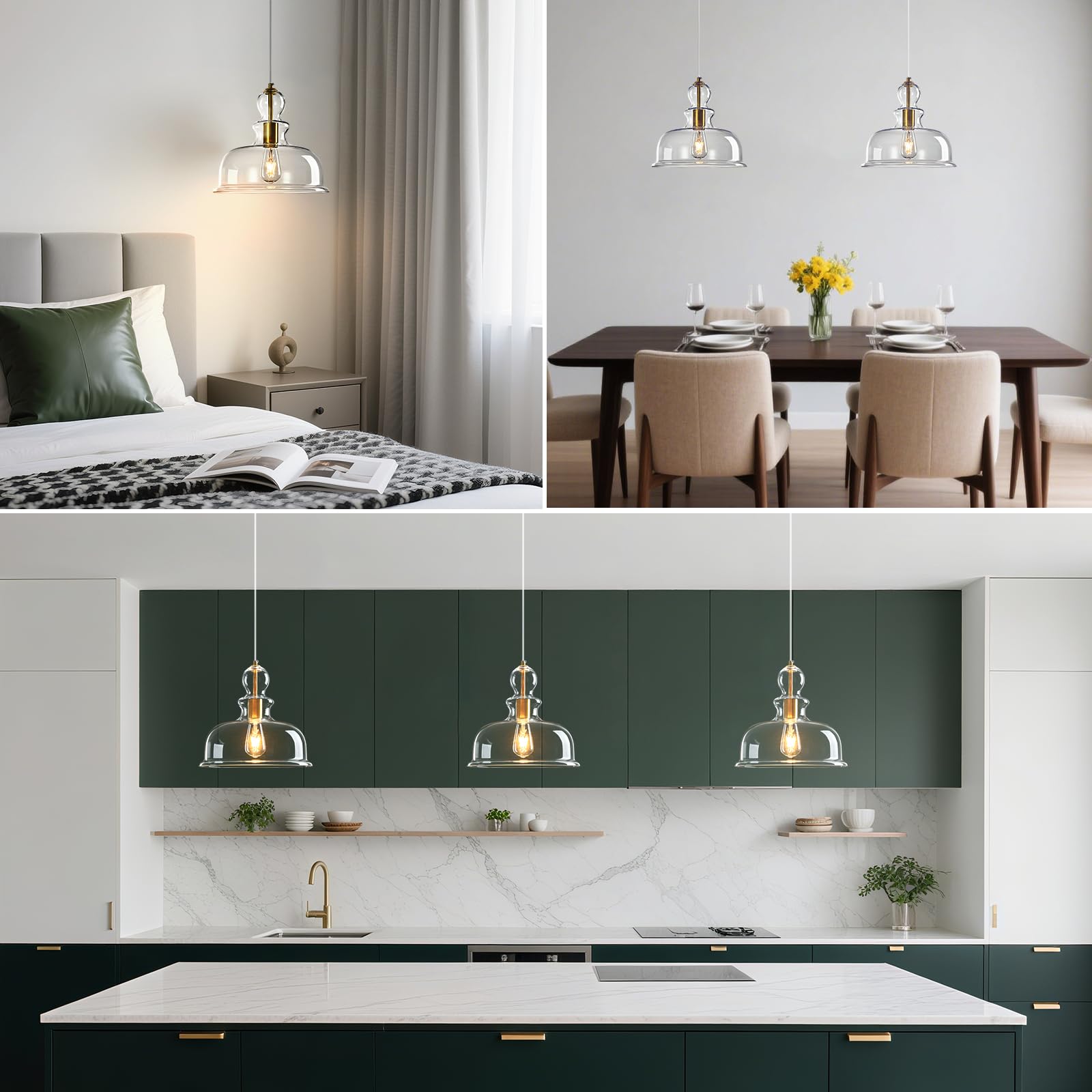 Lámparas de cristal transparentes en forma de campana, lámparas colgantes modernas con acentos dorados, ideales para la iluminación de cocinas, comedores y dormitorios (Gold-C)