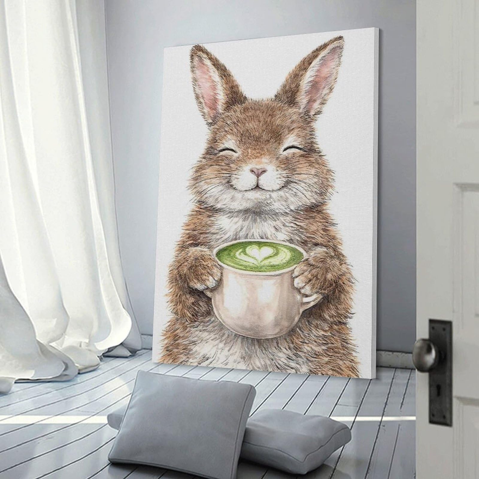 Junmoney Wall Art Print Cute Bunny Holding Matcha Latte, 24x36inch(60x90cm), for Home Lounge, Bedroom Or Reading Nook, Modern Wall Decor for Cosy Interiors