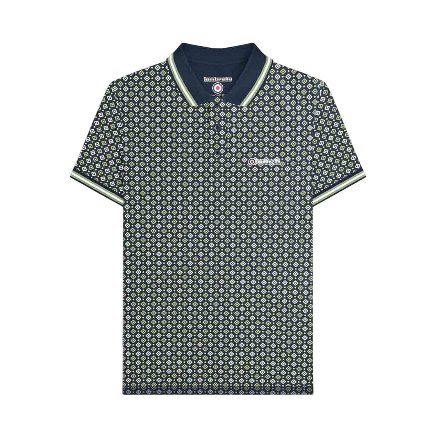 Lambretta Men's Navy/Basil Geometric Print Short Sleeve Polo Shirt (Uk, Alpha, 3XL, Regular, Regular, )