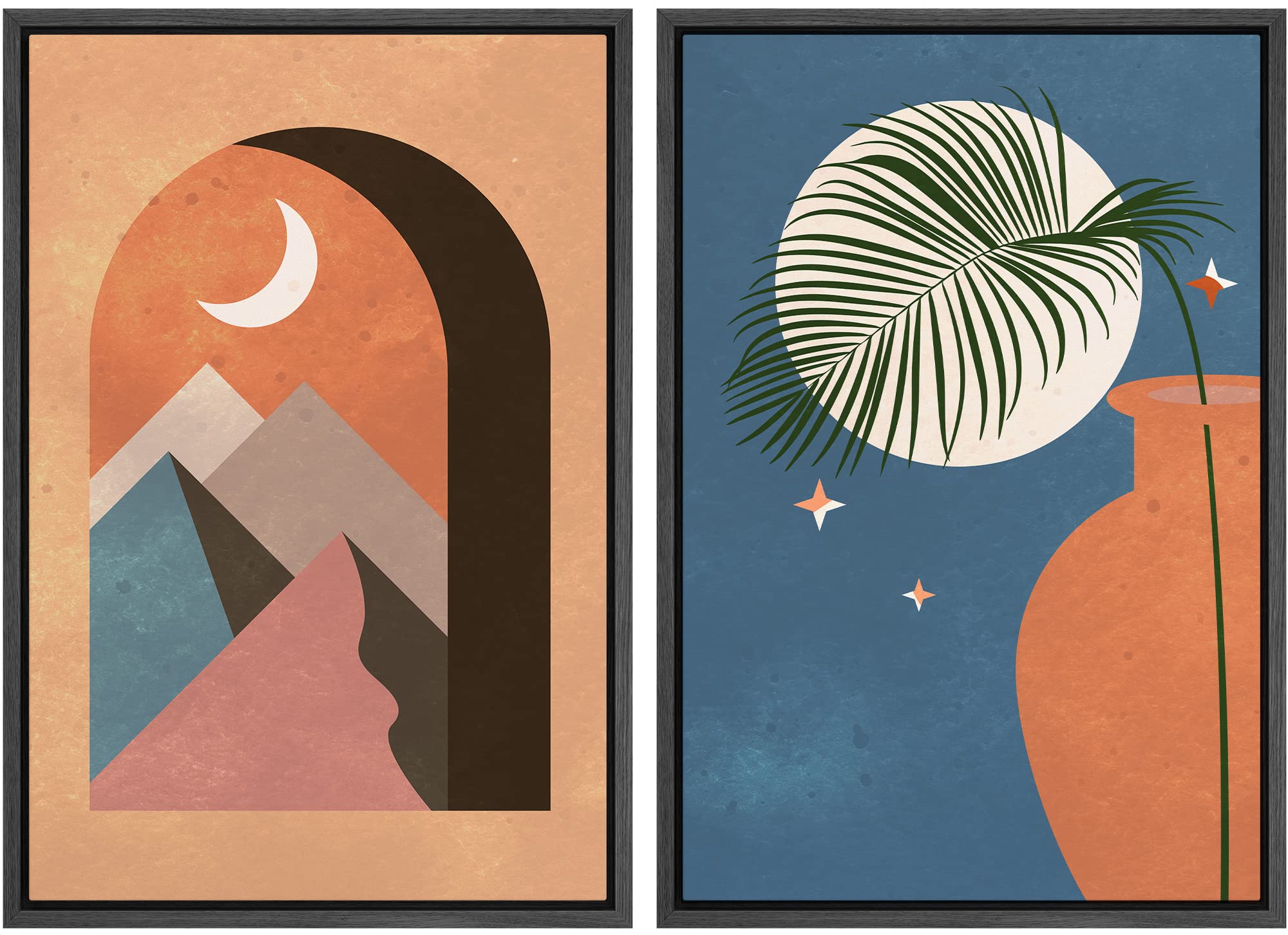 IDEA4WALL Framed Canvas Print Wall Art Set Crescent Moon Forest Pastel Landscape Abstract Shapes Illustrations Modern Art Decorative Colorful for Living Room, Bedroom, Office - 24"x36"x2 Black