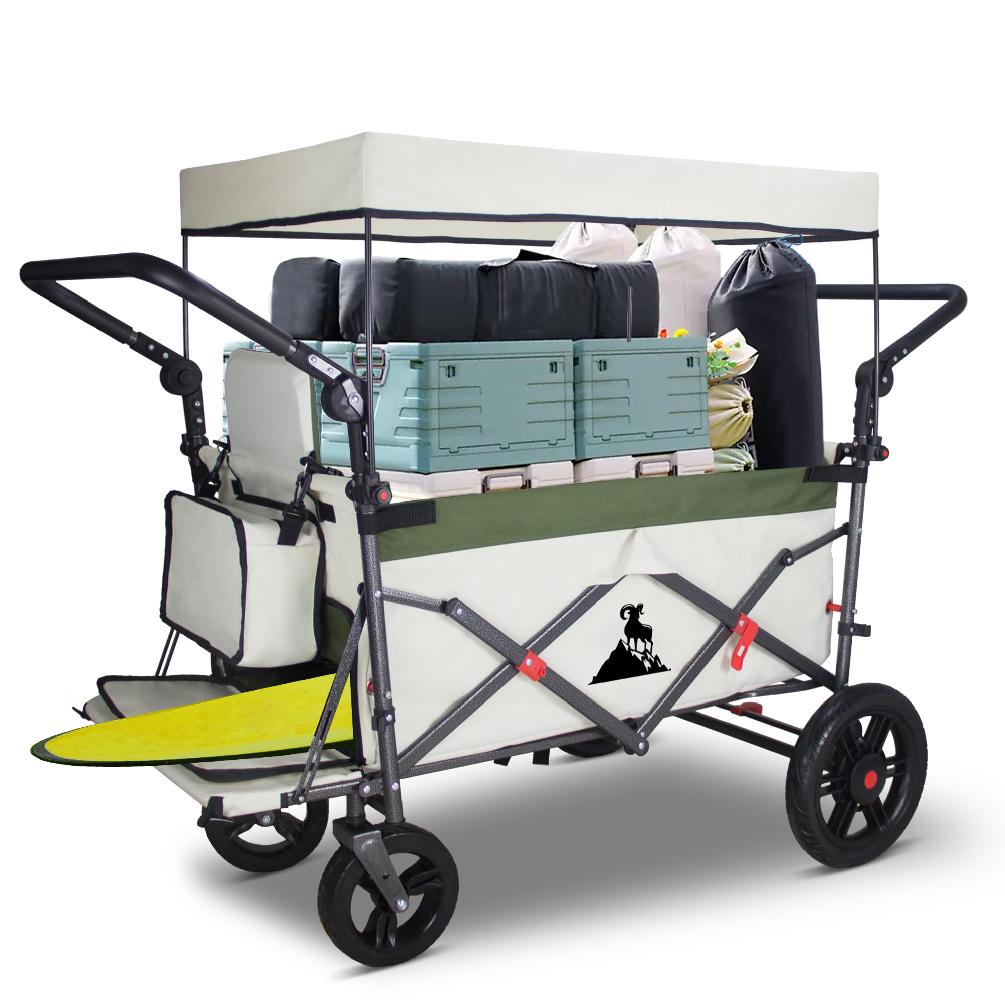 Topwell Beige/Green Folding Handcart Trolley, Folding Camping Wagon With Canopy & 2 Folable Seats, Collapsible Beach Cart Foldable For Outdoor Garden Picnic Shopping 265Lbs Capacity ()