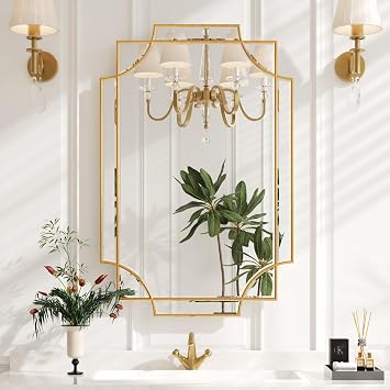 Kelly Miller Gold Bathroom Mirror for Wall, 24x36 Large Vanity Mirror, Decorative Bevelled Wall Decor for Master Bath, Living Room, Bedroom, Fireplace Mantle, Entryway
