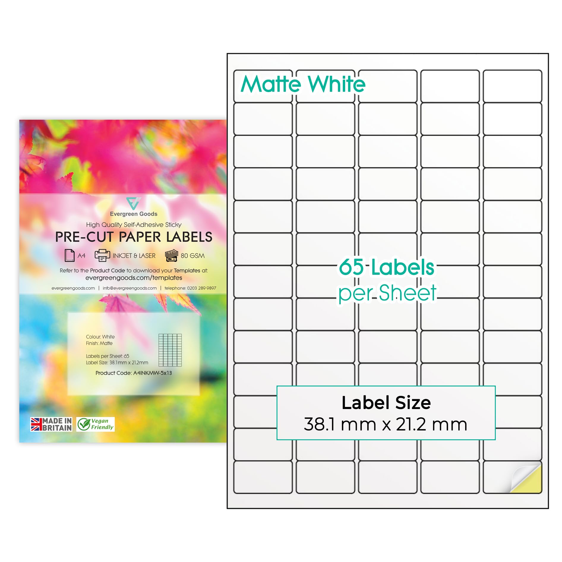 Evergreen Goods A4 Precut Multi Sticker Labels Matte White | 1950 Labels in Total - 5x13, 65 per Sheet, 30 Sheets | Inkjet & Laser Printable | Sticky-Back Self Adhesive Multi-Purpose Printing Paper