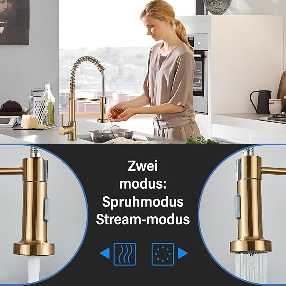 Low Pressure Kitchen Tap Brushed Gold Tap Kitchen Mixer Tap Kitchen Tap Pull-Down 360° Swivel Two Spray Functions Suitable for Instantaneous Water Heaters