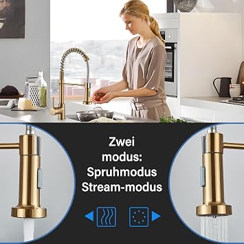 Low Pressure Kitchen Tap Brushed Gold Tap Kitchen Mixer Tap Kitchen Tap Pull-Down 360° Swivel Two Spray Functions Suitable for Instantaneous Water Heaters