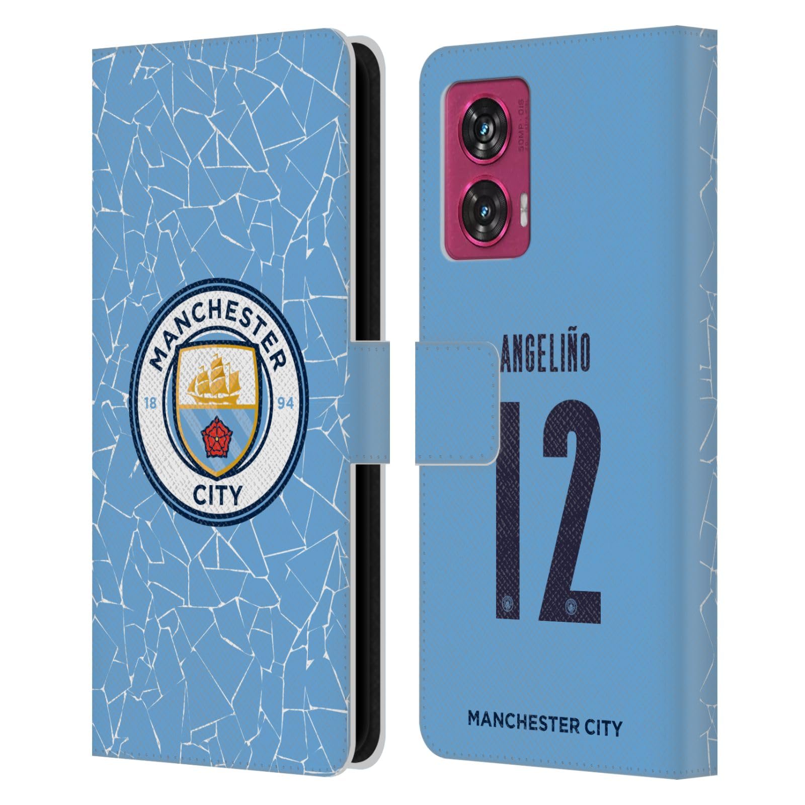 Head Case Designs Officially Licensed Manchester City Man City FC Angeliño 2020/21 Players Home Kit Group 2 Leather Book Wallet Case Cover Compatible with Motorola Edge 50 Fusion