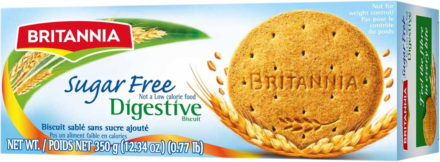 BRITANNIA Digestive Sugar Free Tea Time Cookies 12.34oz (Pack of 1-350g) – Healthy Snacks Breakfast, Lunch Snacks Whole Wheat Flavor – Light & Crispy Toasted – Suitable for Vegetarian