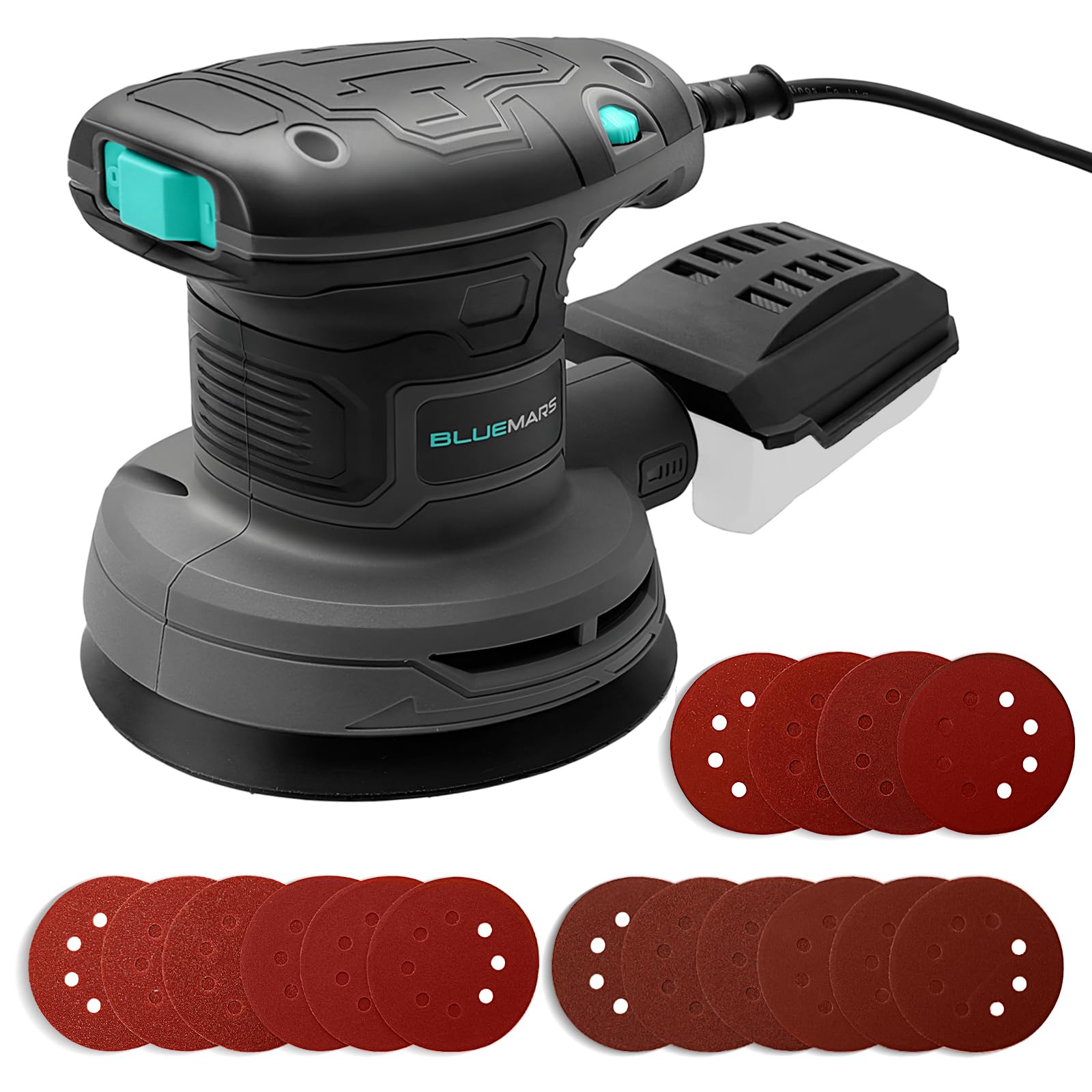 Bluemars 320W Random Orbit Sander,6 Variable Speeds (8000-13000RPM),16Pcs Sandpapers,125mm Sanding Pad, Mini Electric Sander