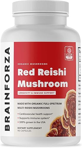 Brain Forza Cápsulas orgánicas de hongos reishi rojos, apoyo inmunológico alimentado por hongos adaptogénicos, salud cardíaca y cardiovascular,