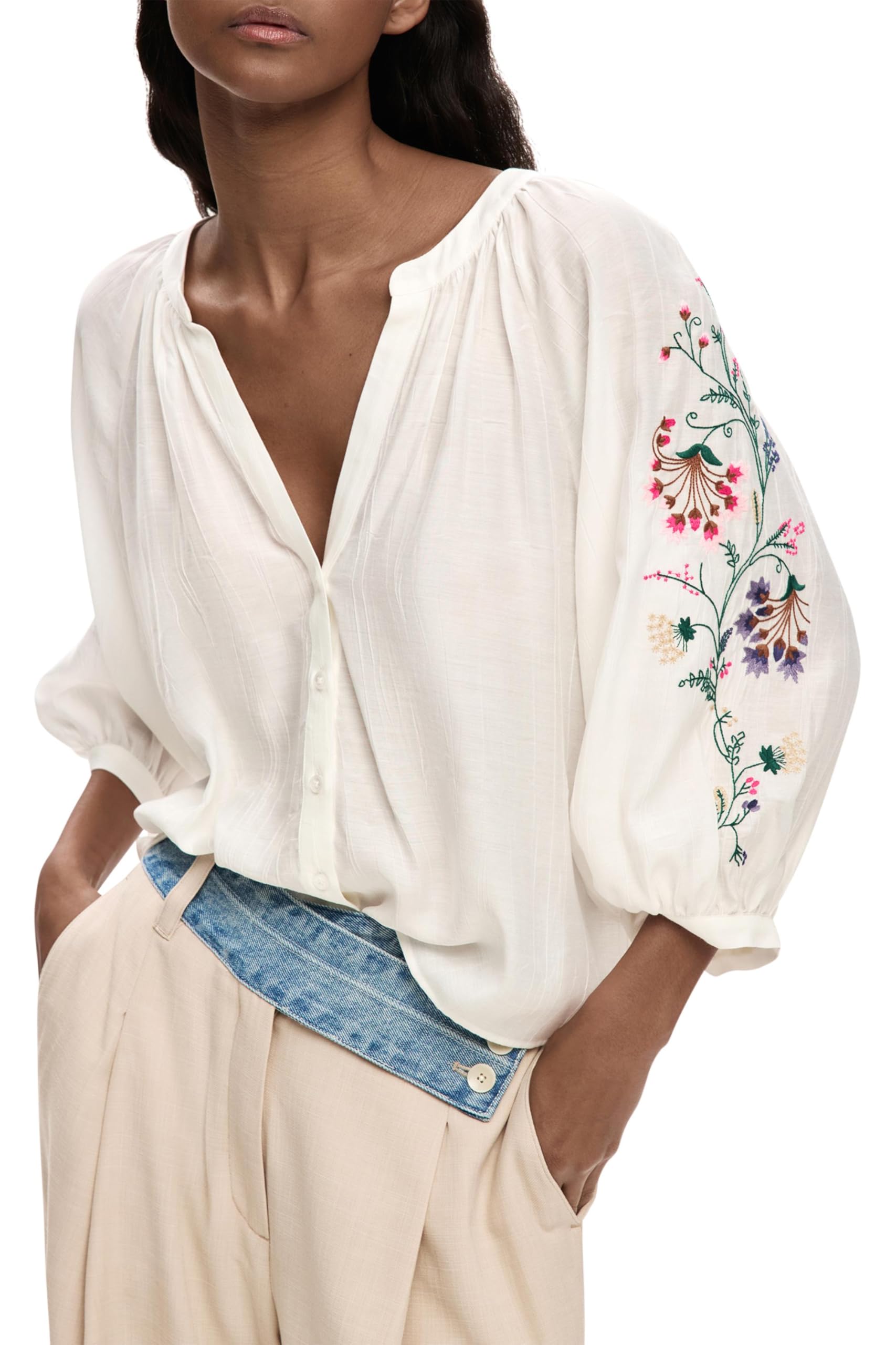 Desigual Mujer Blanco Blusa Mangas Bordadas, S