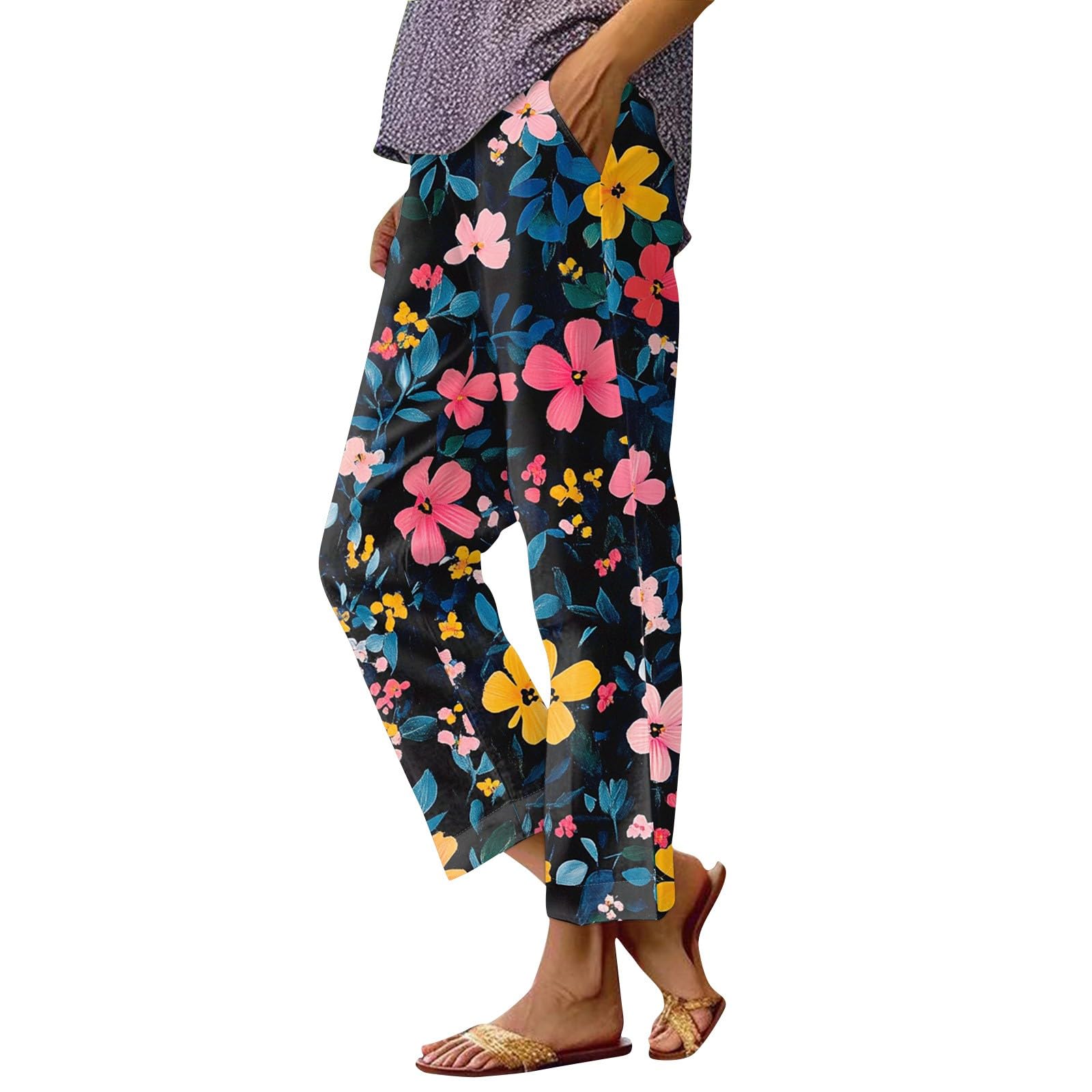 Capri Pants for Women Boho Floral Casual Linen Pants Elastic Waisted Drawstring Summer Beach Trouser with Pockets